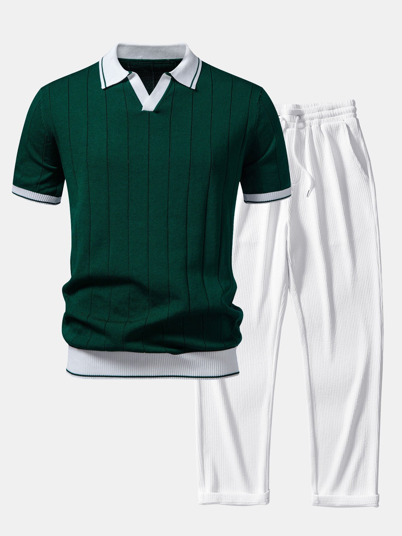 Contrast Trim Ribbed Johnny Collar Knit Polo & Straight Leg Ribbed Pants