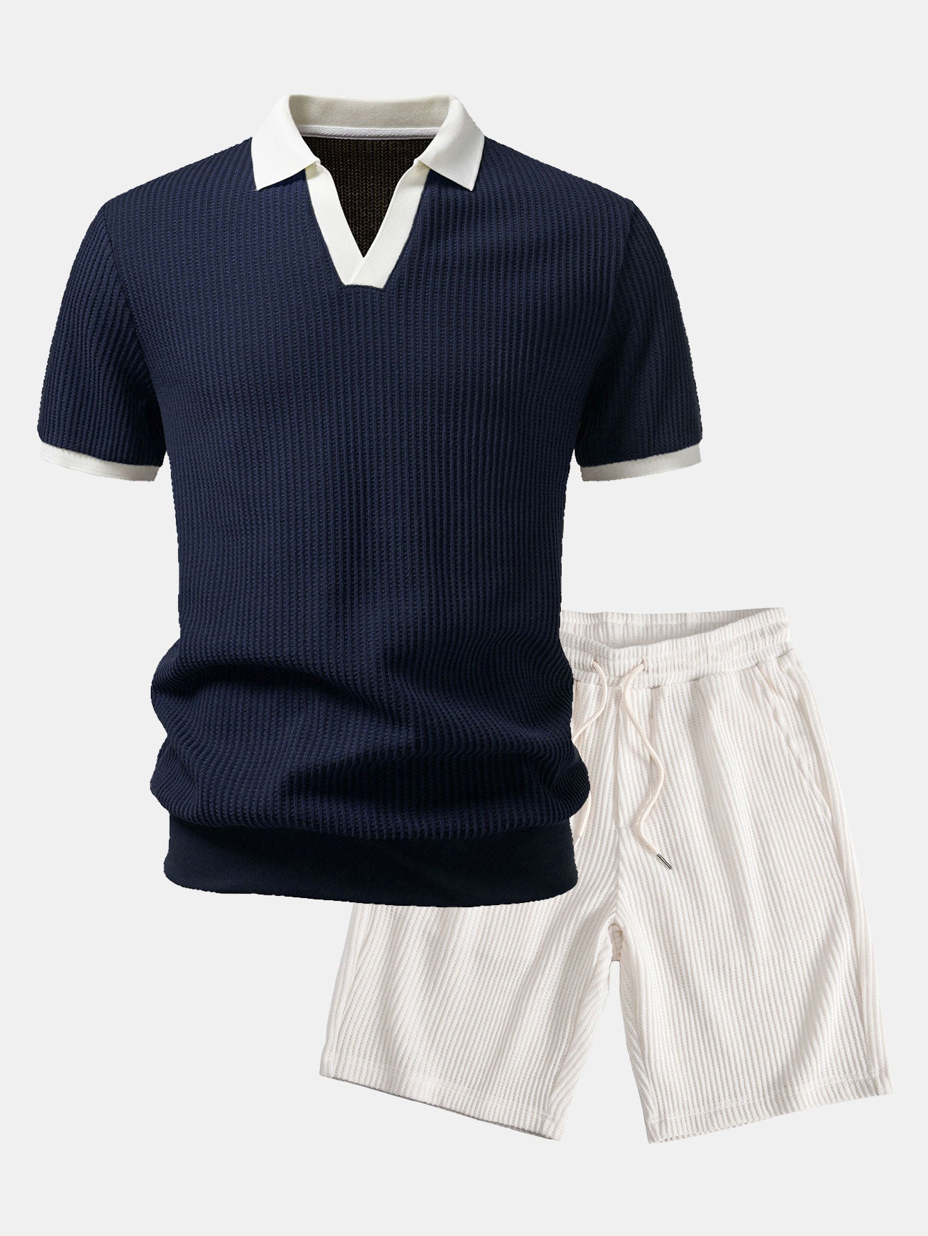 Contrast Knit Waffle Johnny Collar Polo & Drawstring Knitted Waffle Shorts