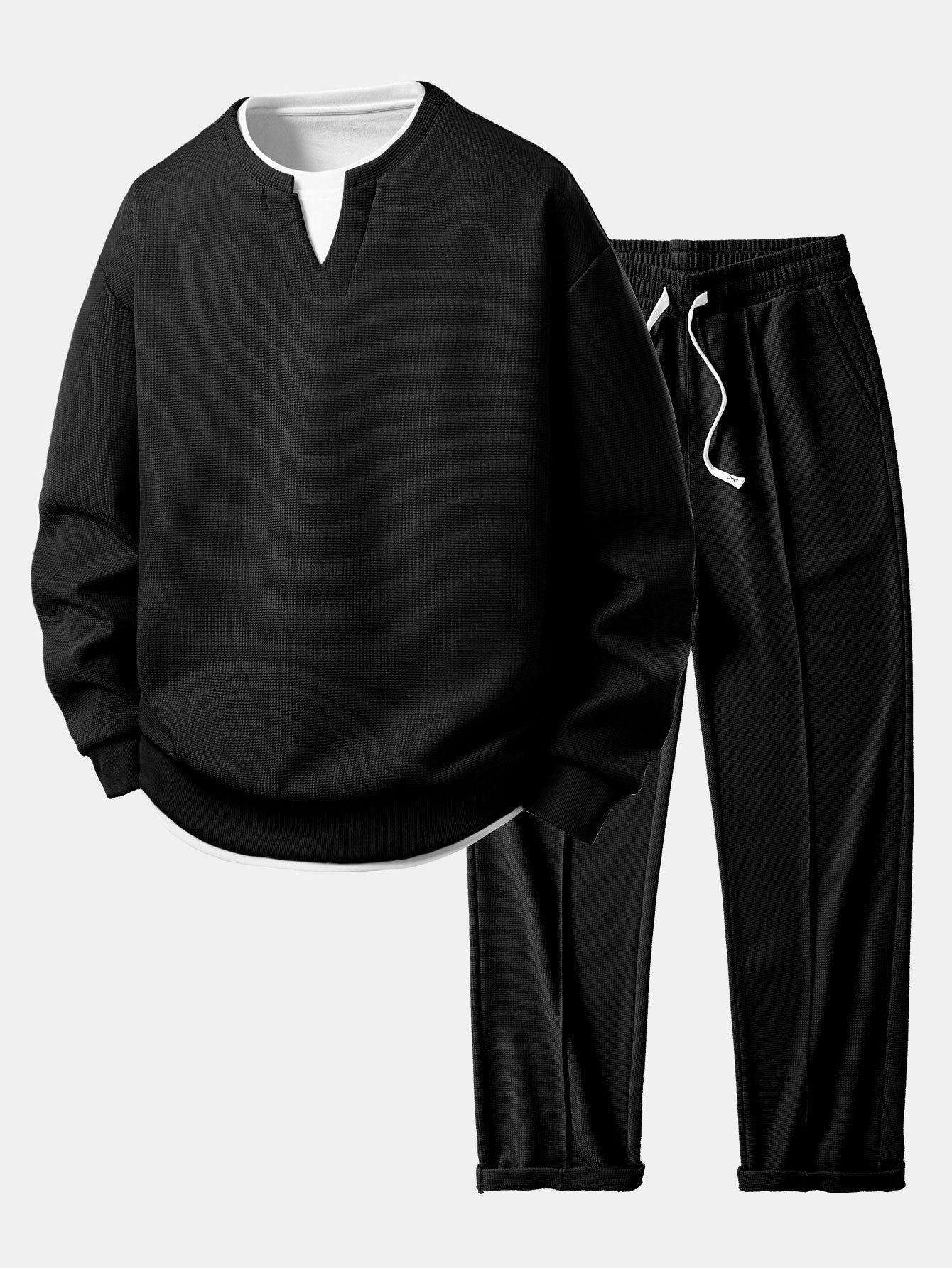 2 In 1 Waffle Notched Collar Sweatshirt & Waffle Pleated Pintuck Straight Leg Pants