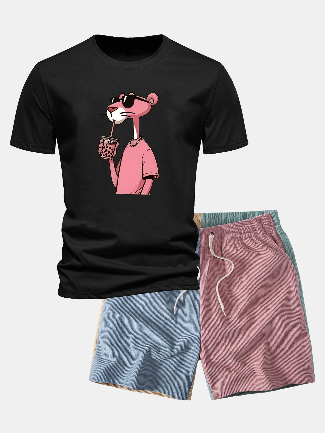 Regular Fit Pink Panther Print Cotton T-Shirt & Color Block Drawstring 6" Corduroy Shorts