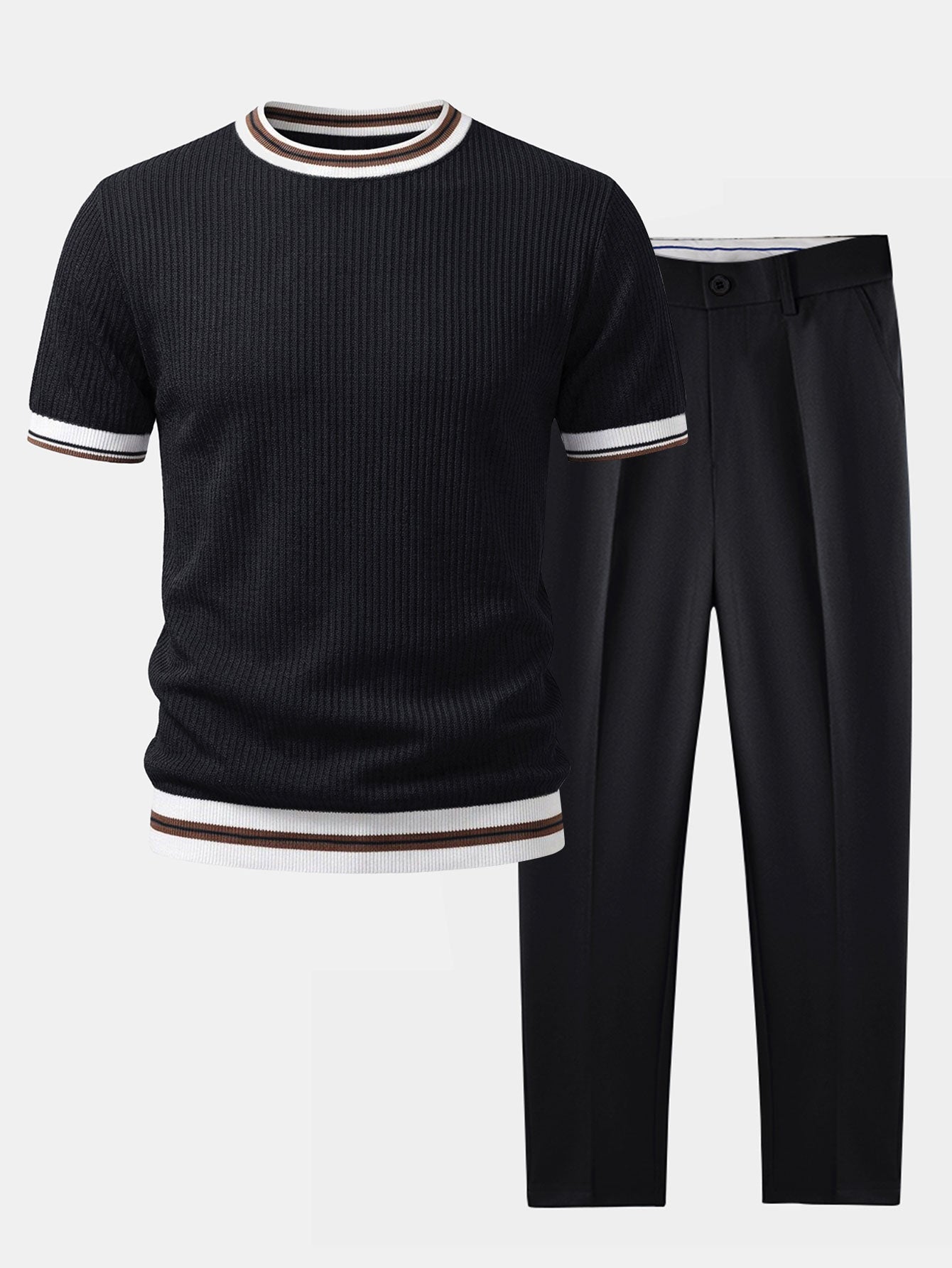 Textured Contrast Crew Neck Knit T-Shirt & Slim Fit Tapered Trousers