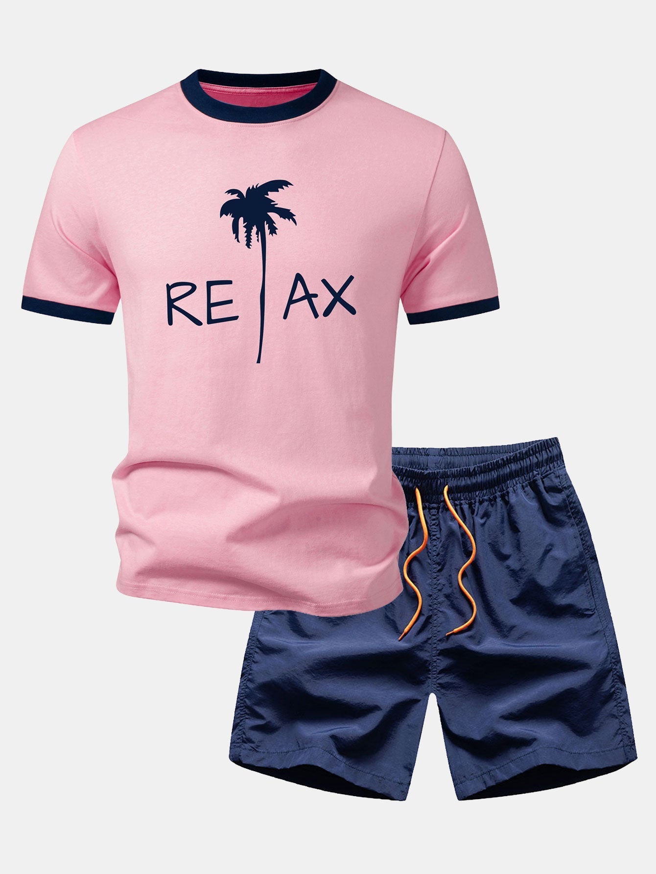 Relax Palm Tree Print Contrast Ringer T-Shirt & Swim Shorts