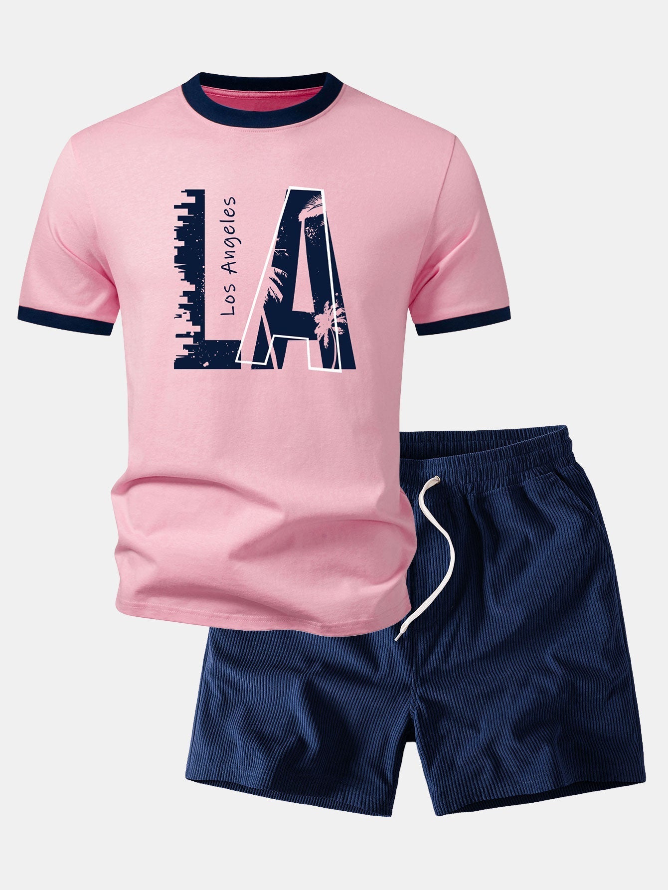 Los Angeles Print Contrast Ringer T-Shirt & 5" Drawstring Corduroy Shorts