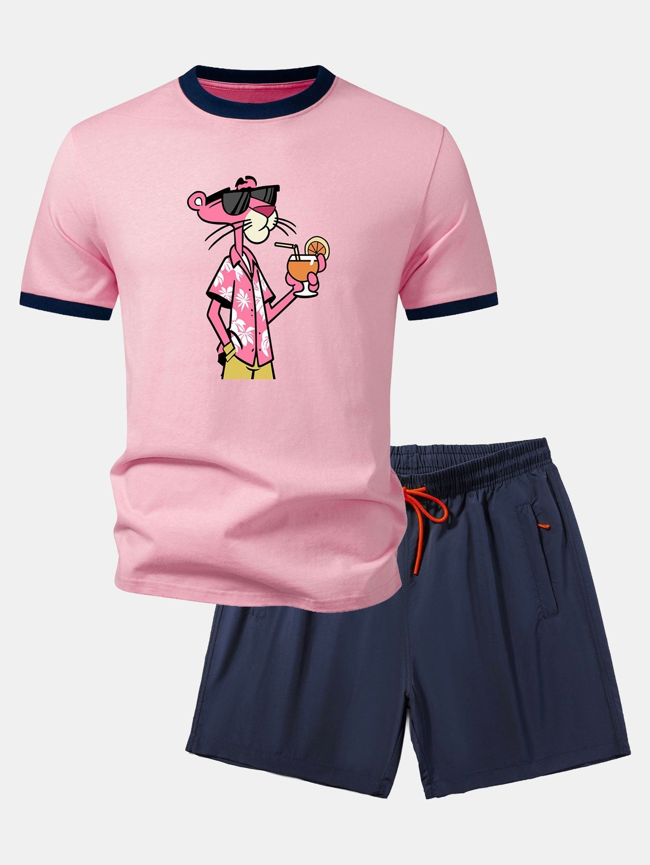 Vacation Pink Panther Print Contrast Ringer T-Shirt & Zip Pocket Swim Shorts
