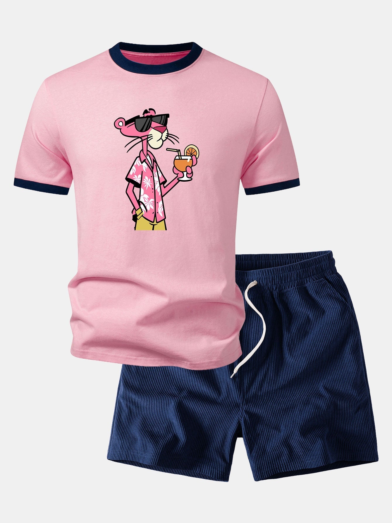 Vacation Pink Panther Print Contrast Ringer T-Shirt & 5" Drawstring Corduroy Shorts