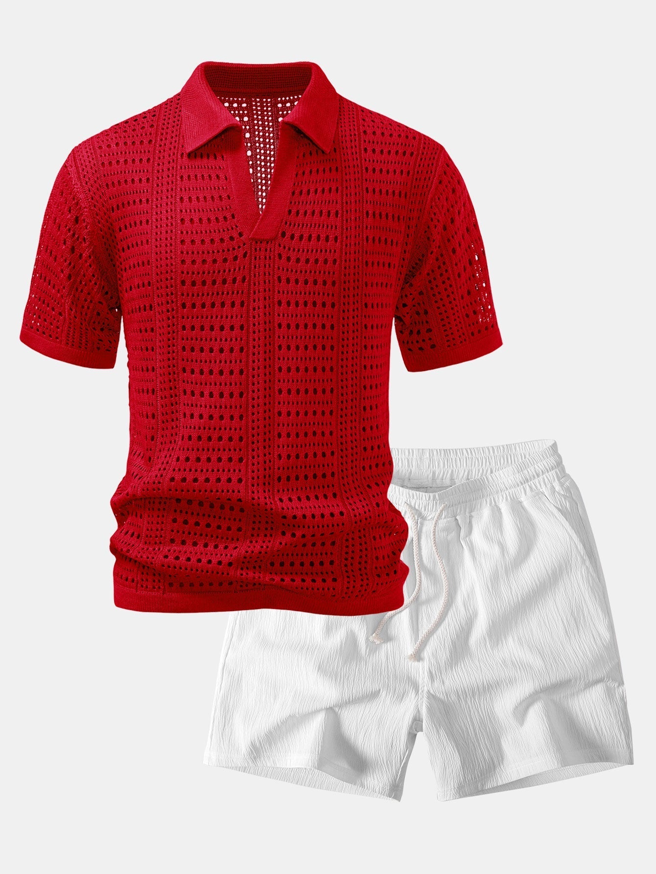 Crochet V Neck Polo Shirt & Crinkle Textured Drawstring 5" Shorts