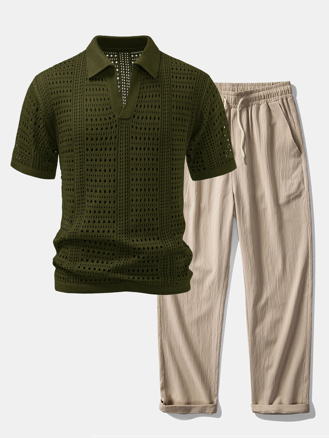 Crochet V Neck Polo Shirt & Crinkle Textured Straight Leg Pants