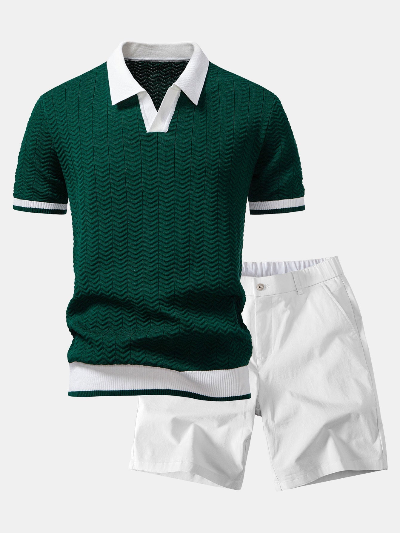 Texture Contrast Knitted V Neck Polo Shirt & Elastic Waist Chino Shorts
