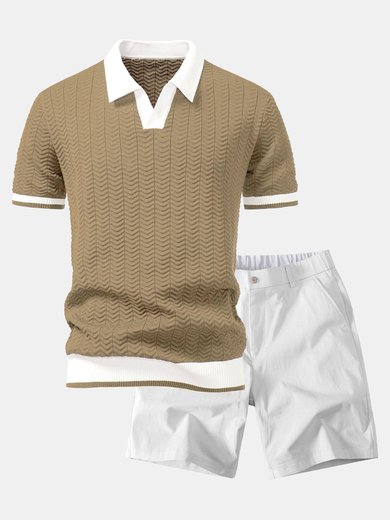 Texture Contrast Knitted V Neck Polo Shirt & Elastic Waist Chino Shorts
