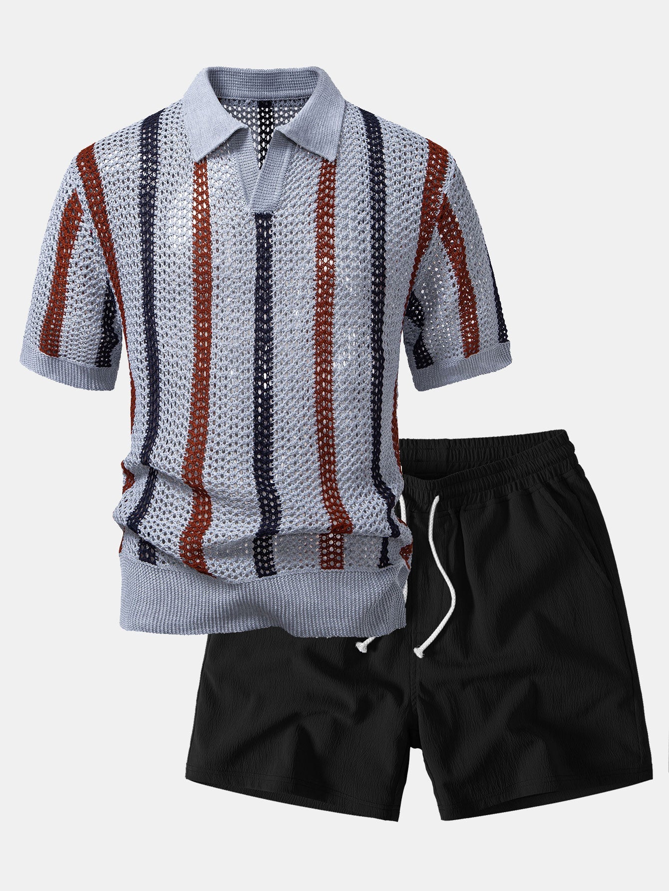 Striped Crochet V Neck Polo & Crinkle Textured Drawstring 5" Shorts