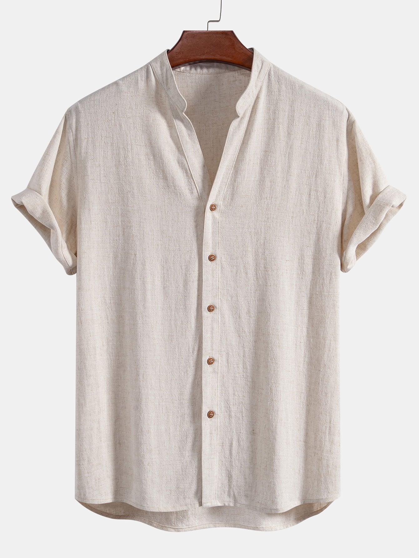 Short Sleeve V Neck Linen Rayon Blend Shirt & Linen Blend Drawstring 7" Shorts