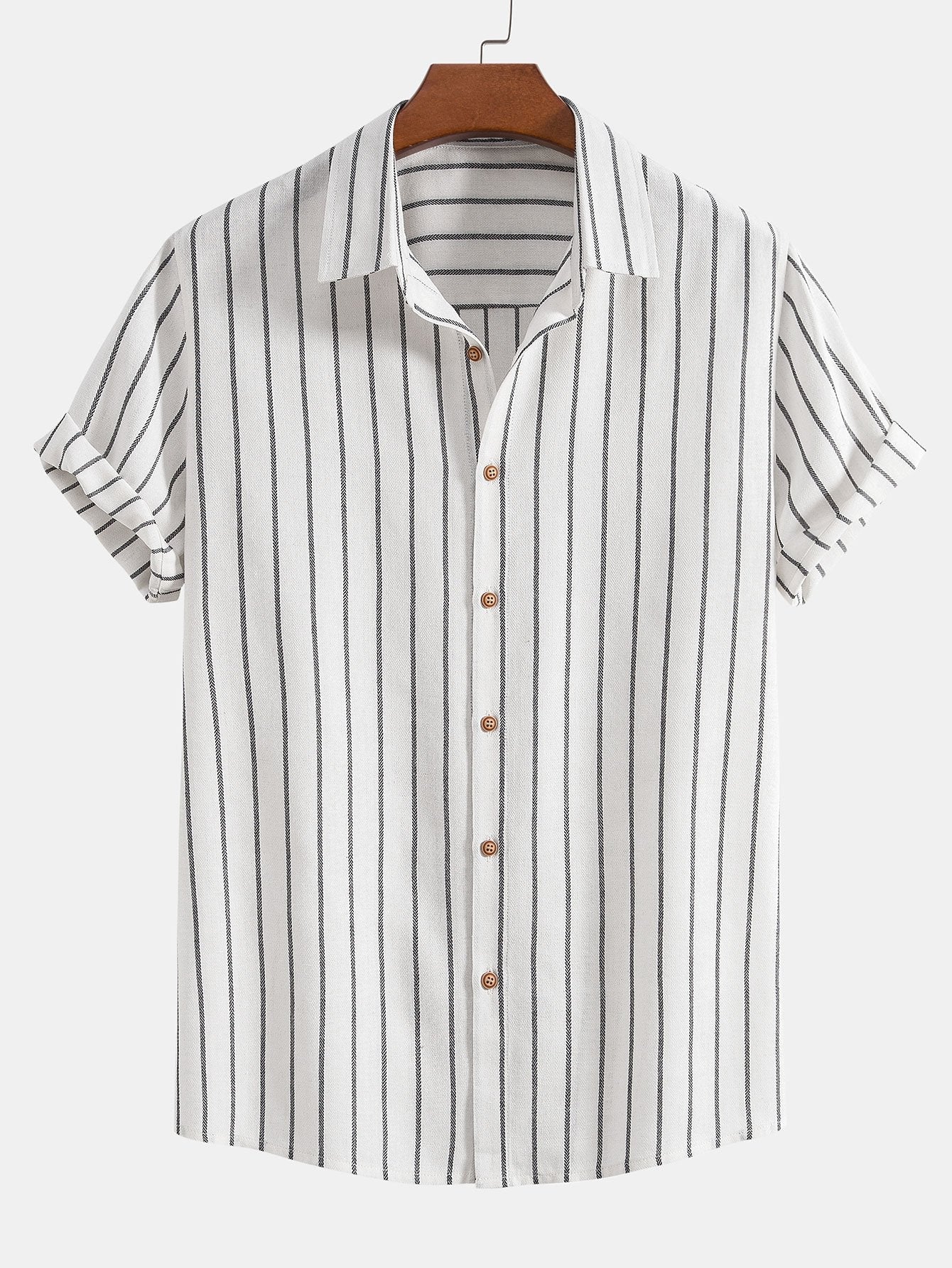 Cotton Blend Striped Button Up Shirt & Crinkle Textured Drawstring 5" Shorts
