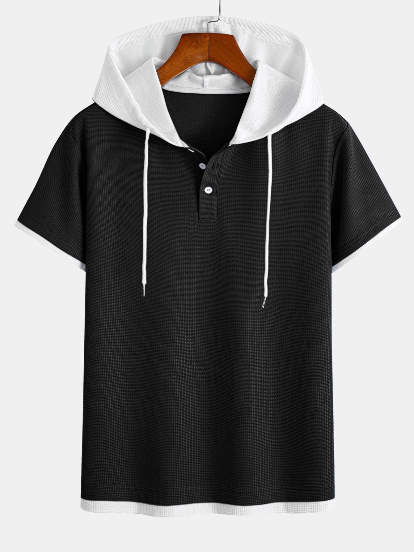 Contrast Button-Placket Waffle Hooded T-Shirt & 2 In 1 Waffle 7″‌ Shorts