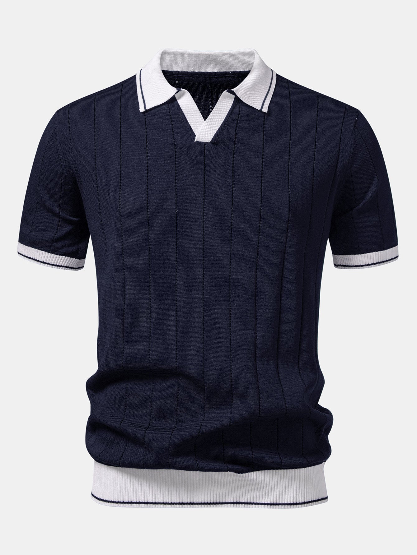 Contrast Trim Ribbed Johnny Collar Knit Polo & Straight Leg Ribbed Pants