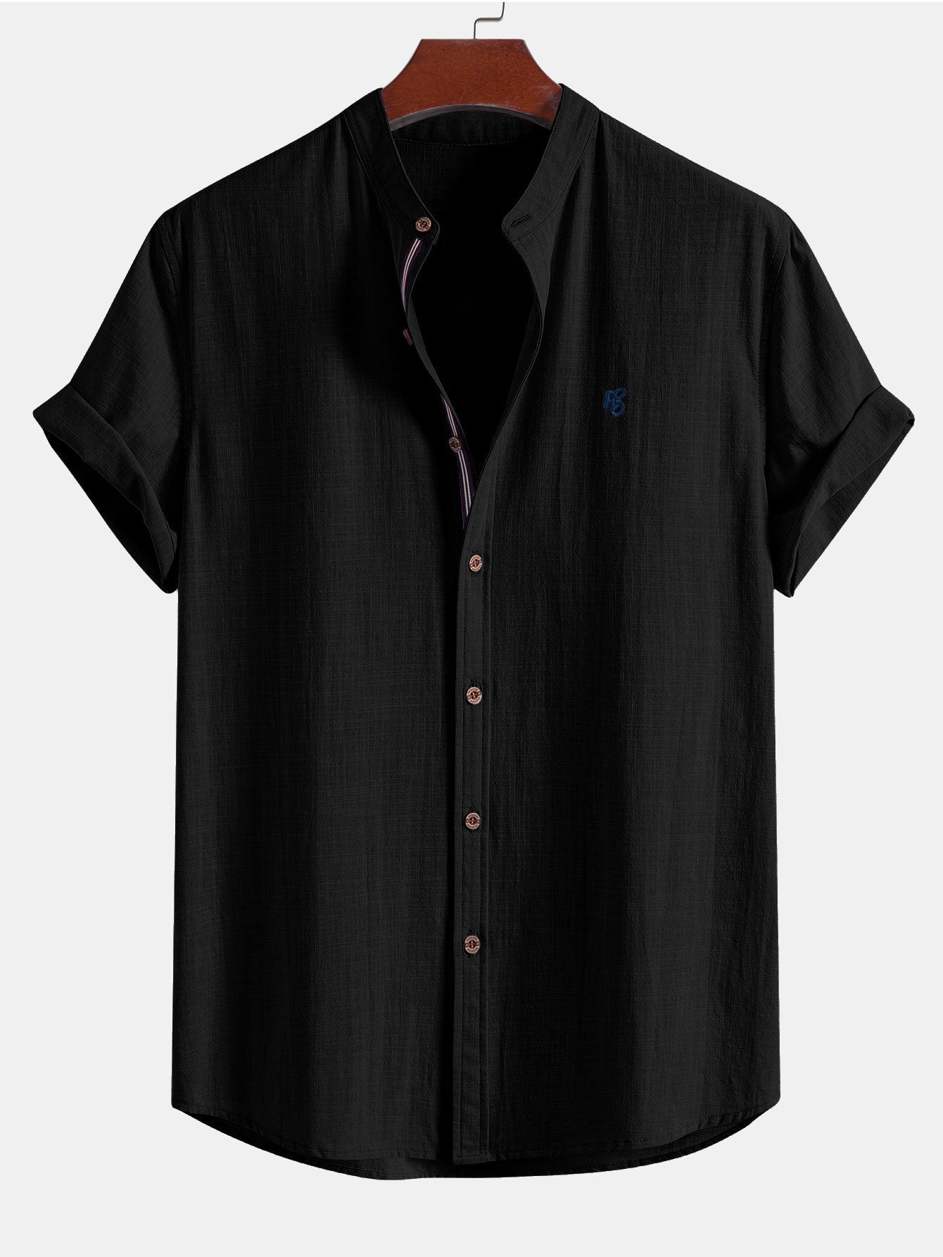 Short Sleeve Linen Look Stand Collar Shirt & Crinkle Textured Drawstring 5" Shorts