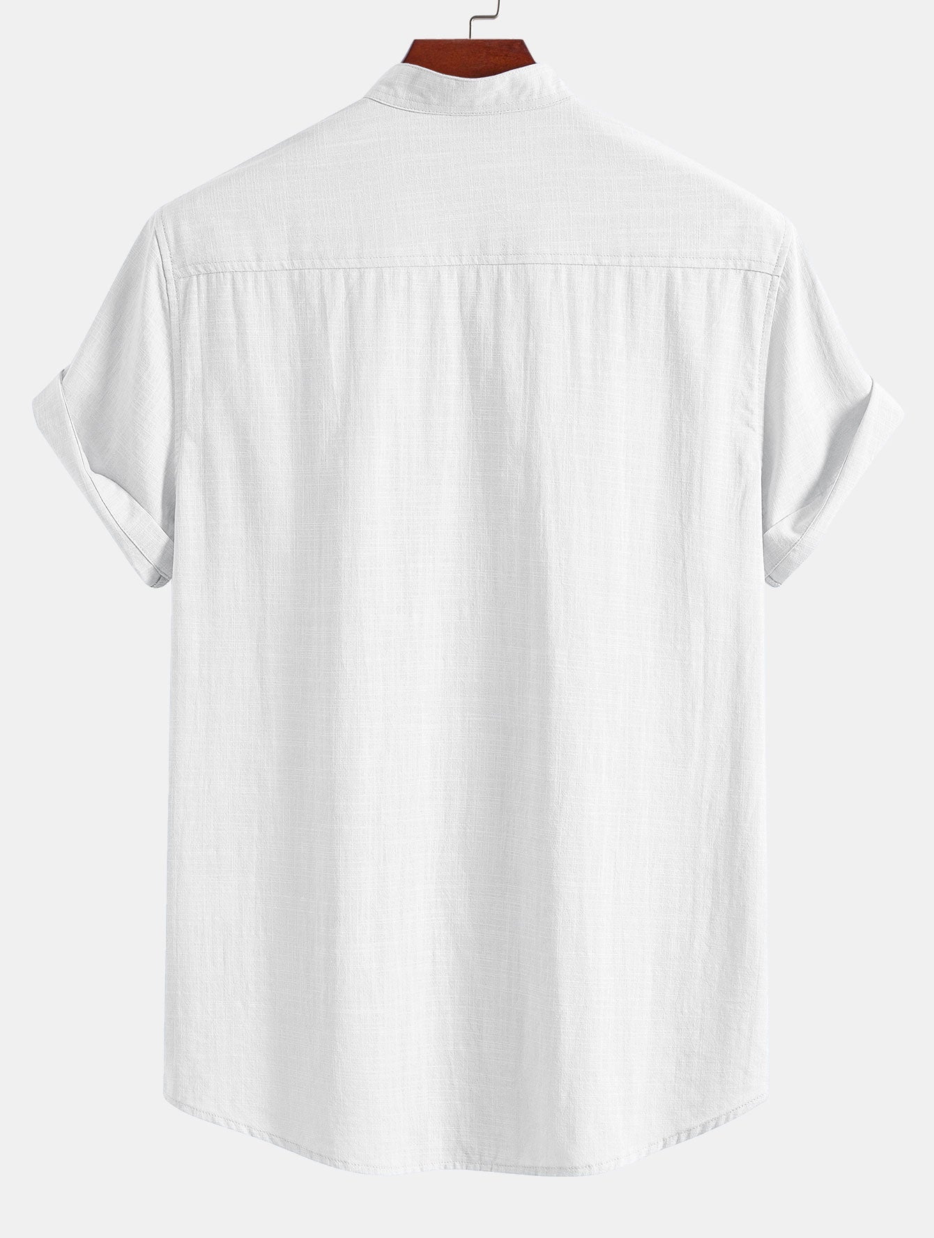 Short Sleeve Linen Look Stand Collar Shirt & Linen Look Stripe Straight Leg Pants
