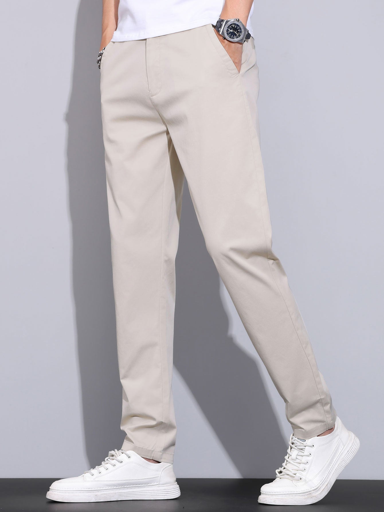 Contrast Textured Johnny Collar Knit Polo & Elastic Waist Straight Leg Trousers