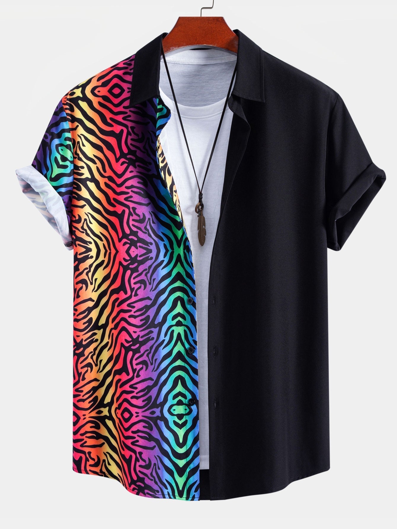 Colorful Tiger Patchwork Button Up Shirt & Swim Shorts