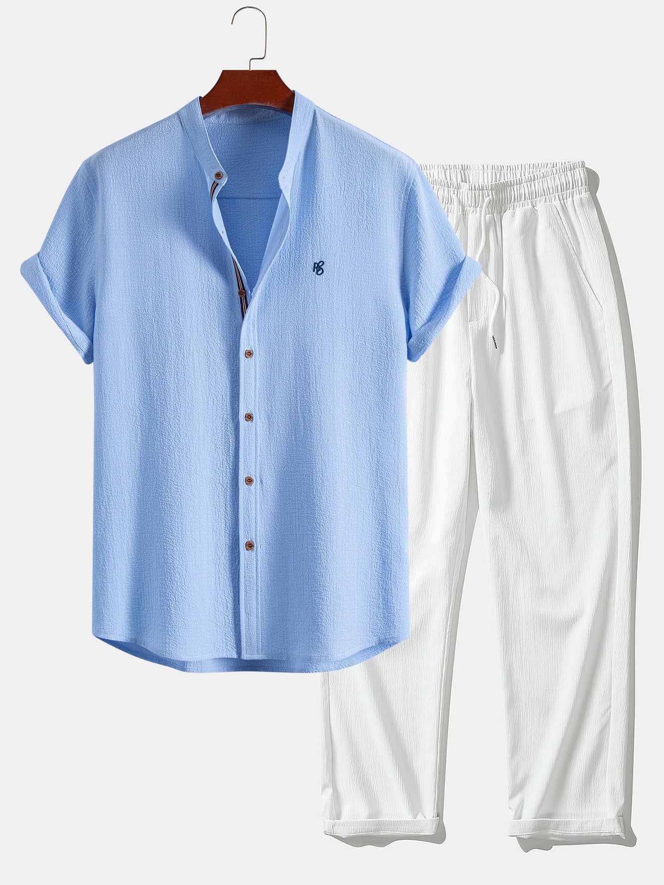 Short Sleeve Seersucker Stand Collar Shirt & Crinkle Textured Straight Leg Pants