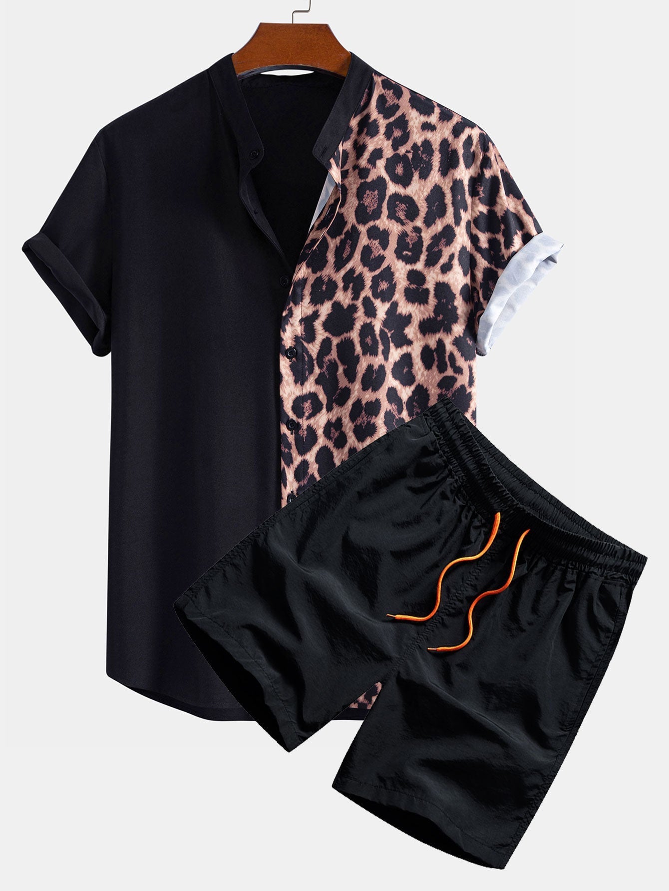 Leopard Patchwork Stand Collar Shirt & Swim Shorts