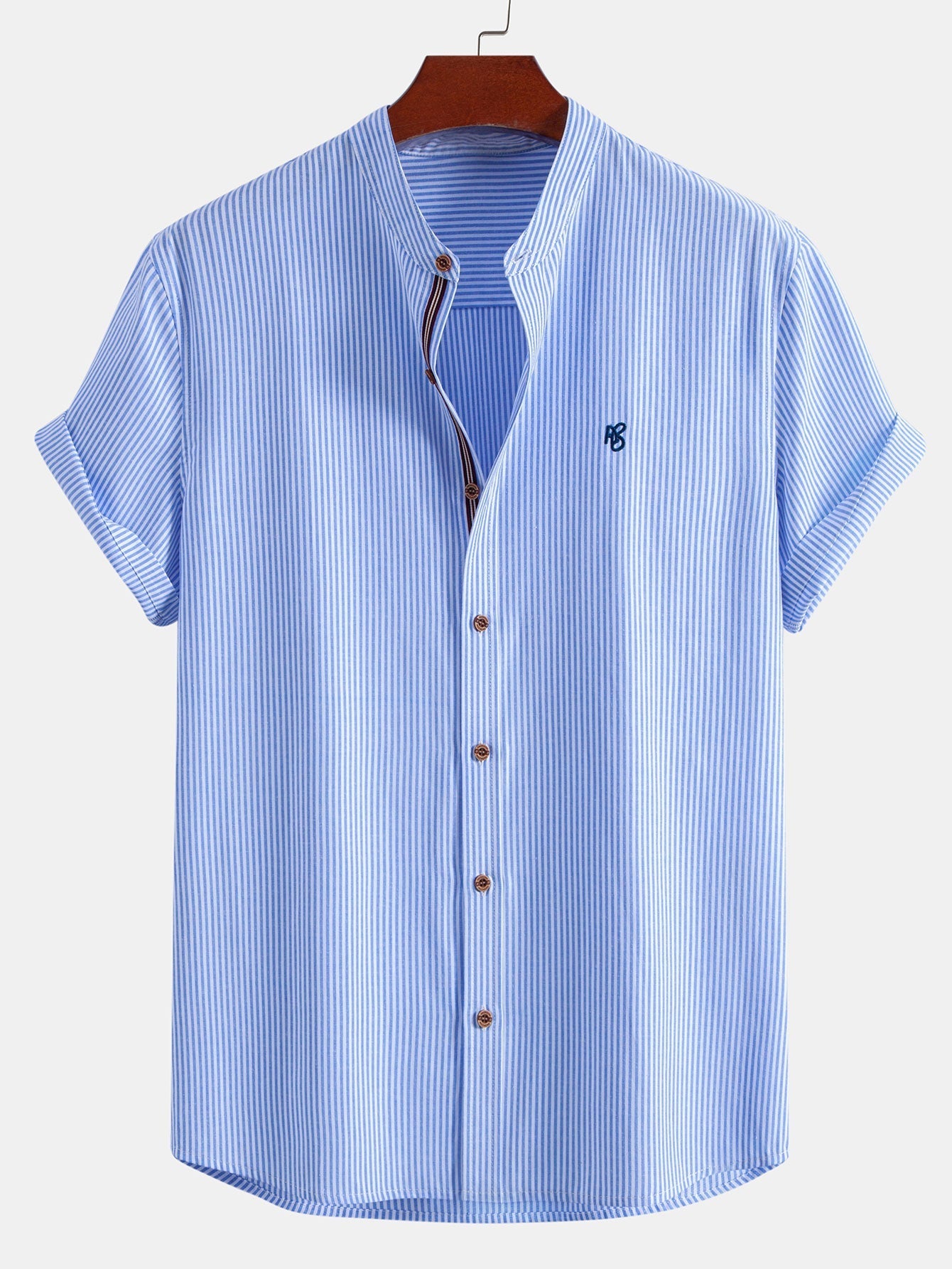 Short Sleeve Cotton Stripe Stand Collar Shirt & Straight Leg Linen Pants
