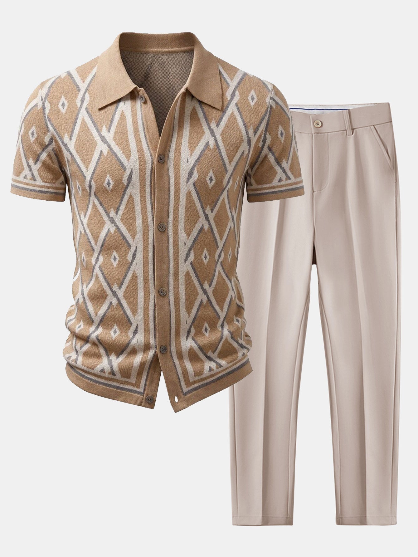 Retro Rhombus Geometric Knit Shirt & Slim Fit Tapered Trousers