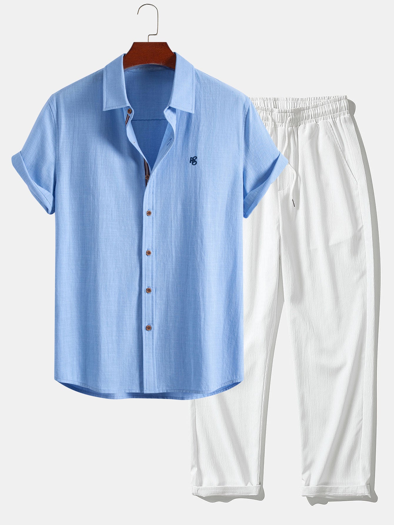 Short Sleeve Linen Look Button Up Shirt & Crinkle Textured Straight Leg Pants