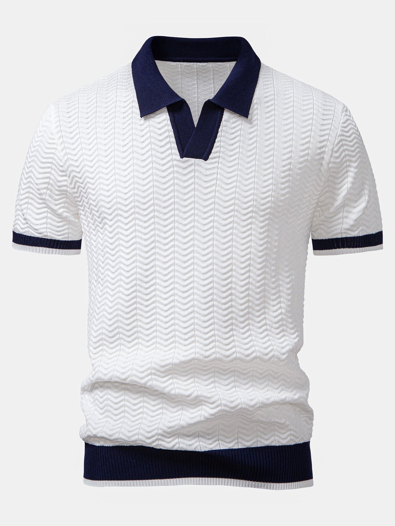 Texture Contrast Knitted V Neck Polo Shirt & Elastic Waist Chino Shorts