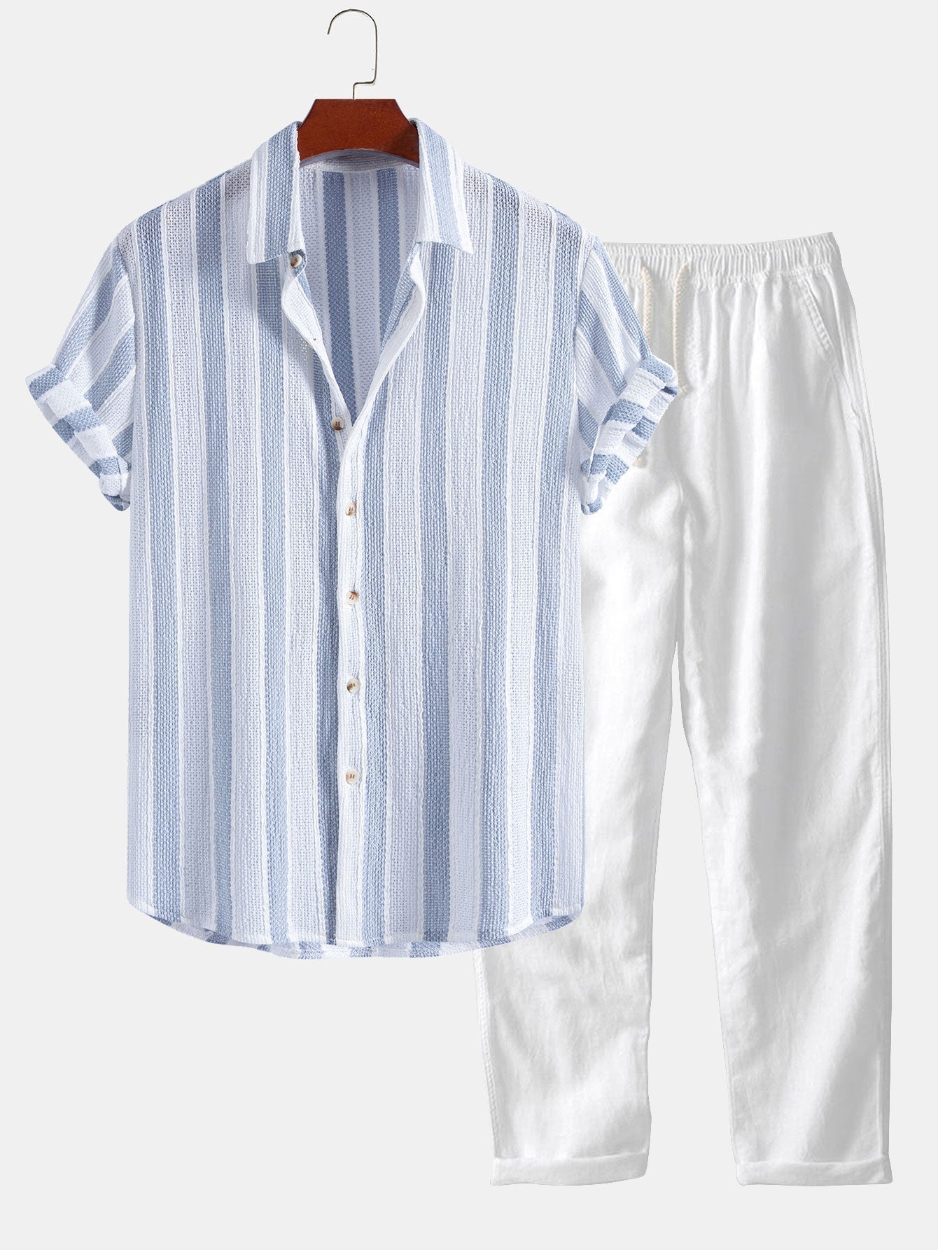 Textured Striped Button Up Shirt & Straight Leg Linen Pants