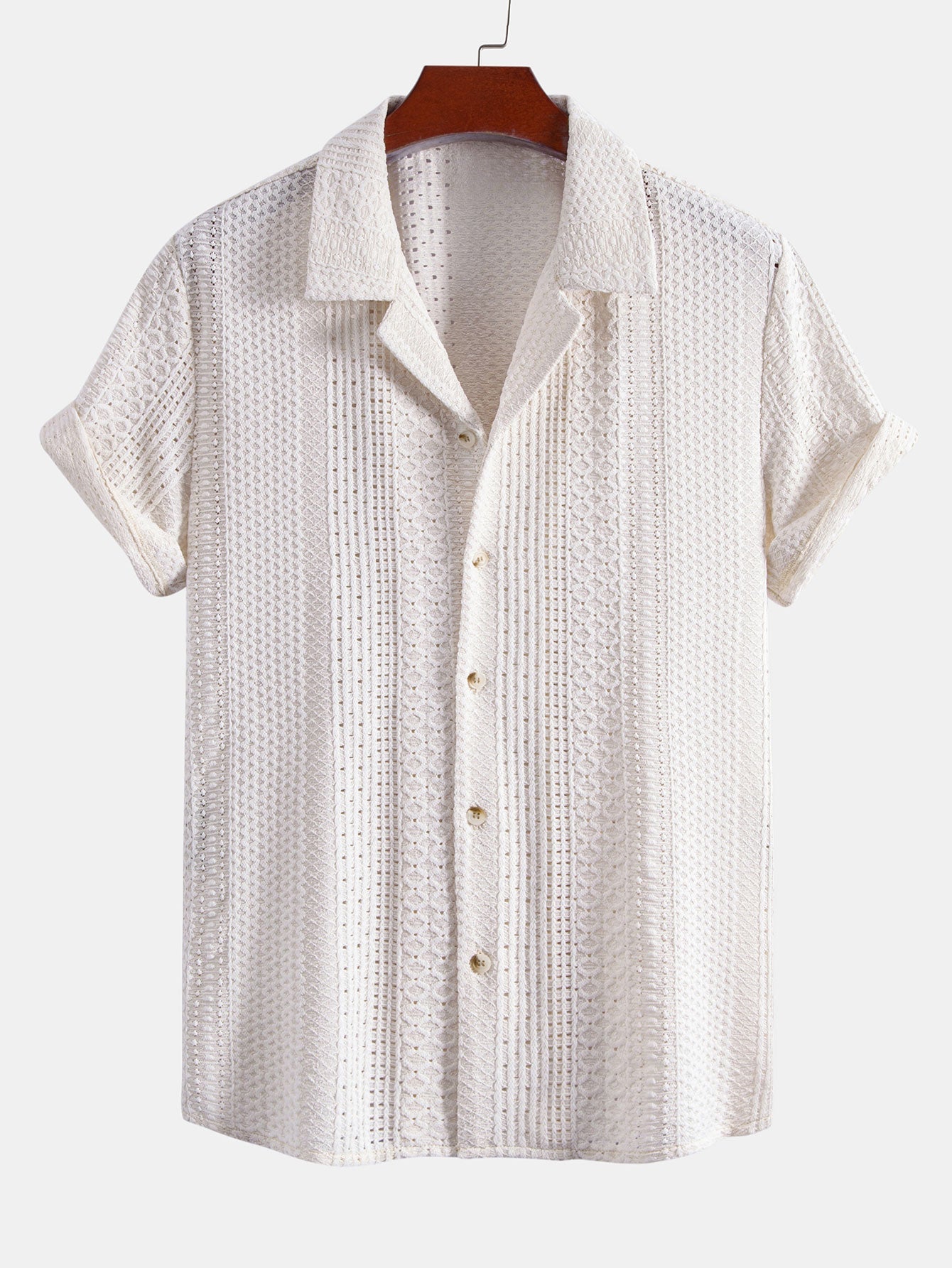Geometric Jacquard Cuban Collar Shirt & Crinkle Textured Drawstring 5" Shorts