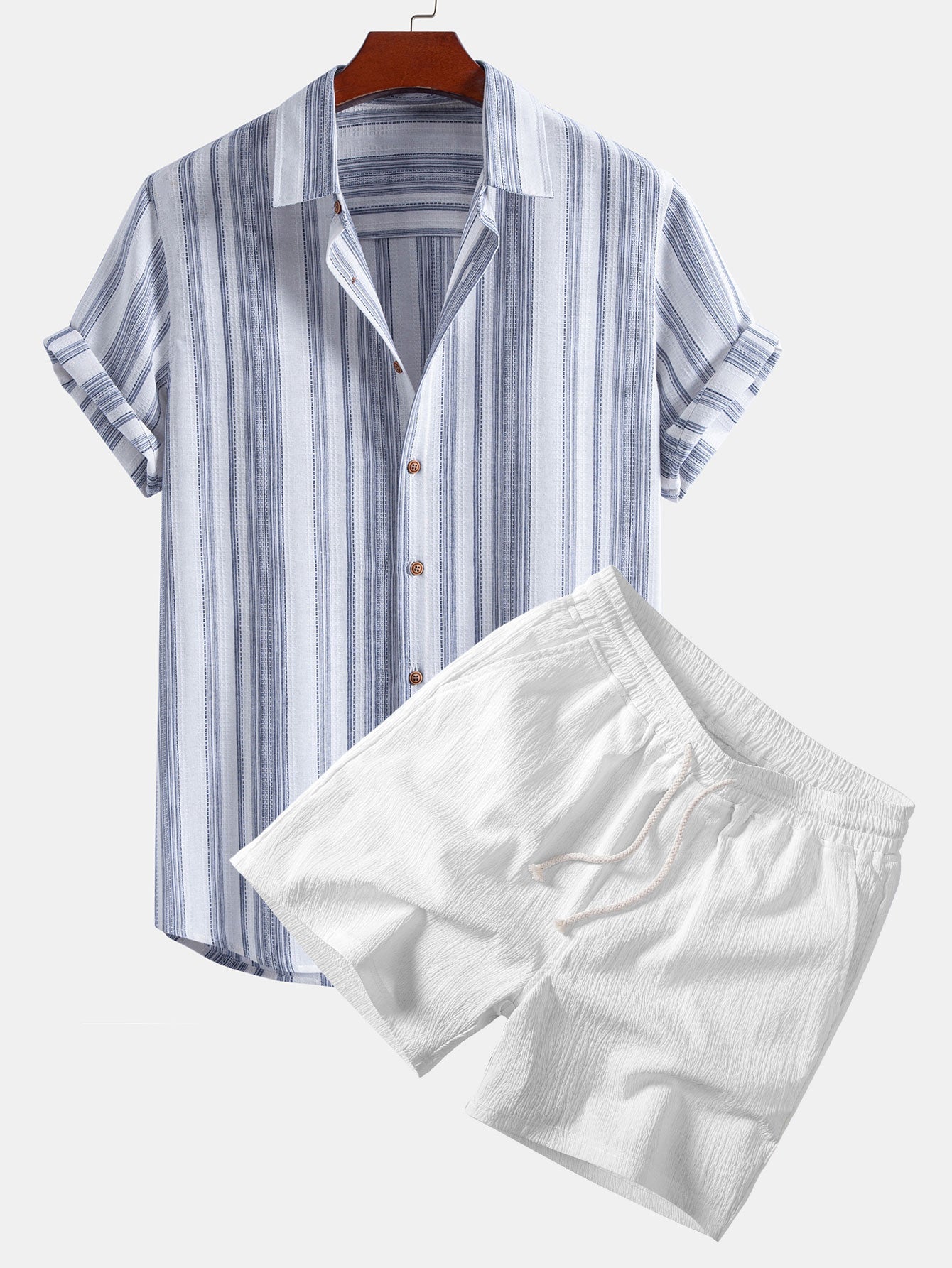 Stripe Linen Look Button Up Shirt & Crinkle Textured Drawstring 5" Shorts