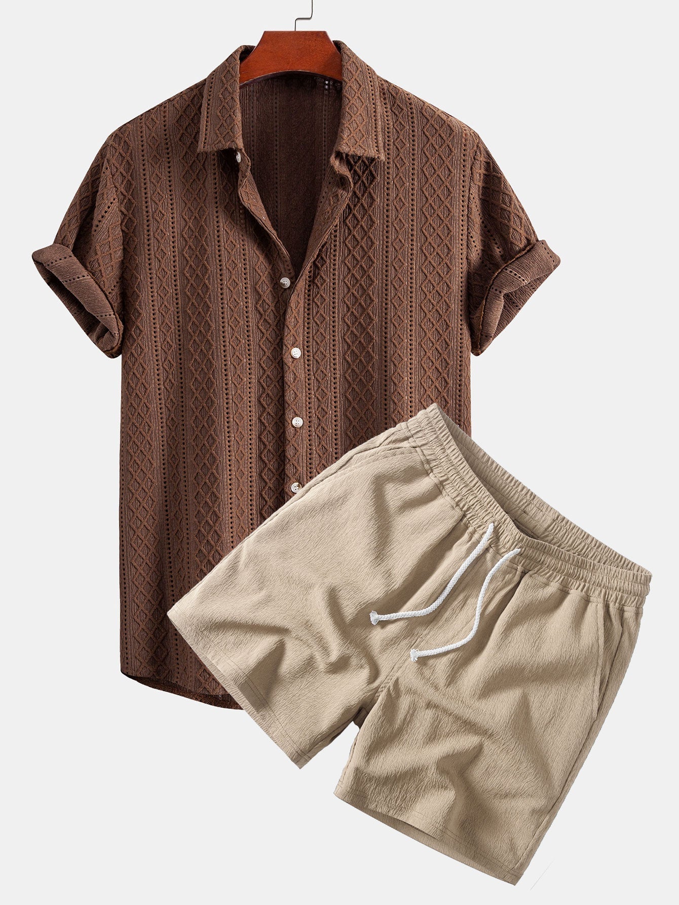Geometry Rhombus Jacquard Button Up Shirt & Crinkle Textured Drawstring 5" Shorts