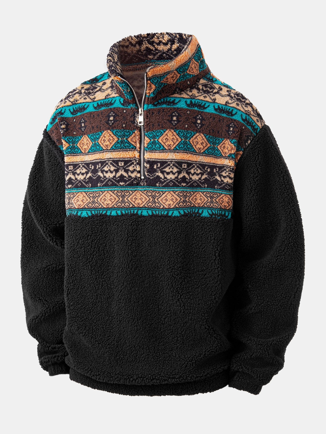 Relax Fit Quarter Zip Ethnic Geometric Patchwork Teddy Sweatshirt & Corduroy Jogger Pants