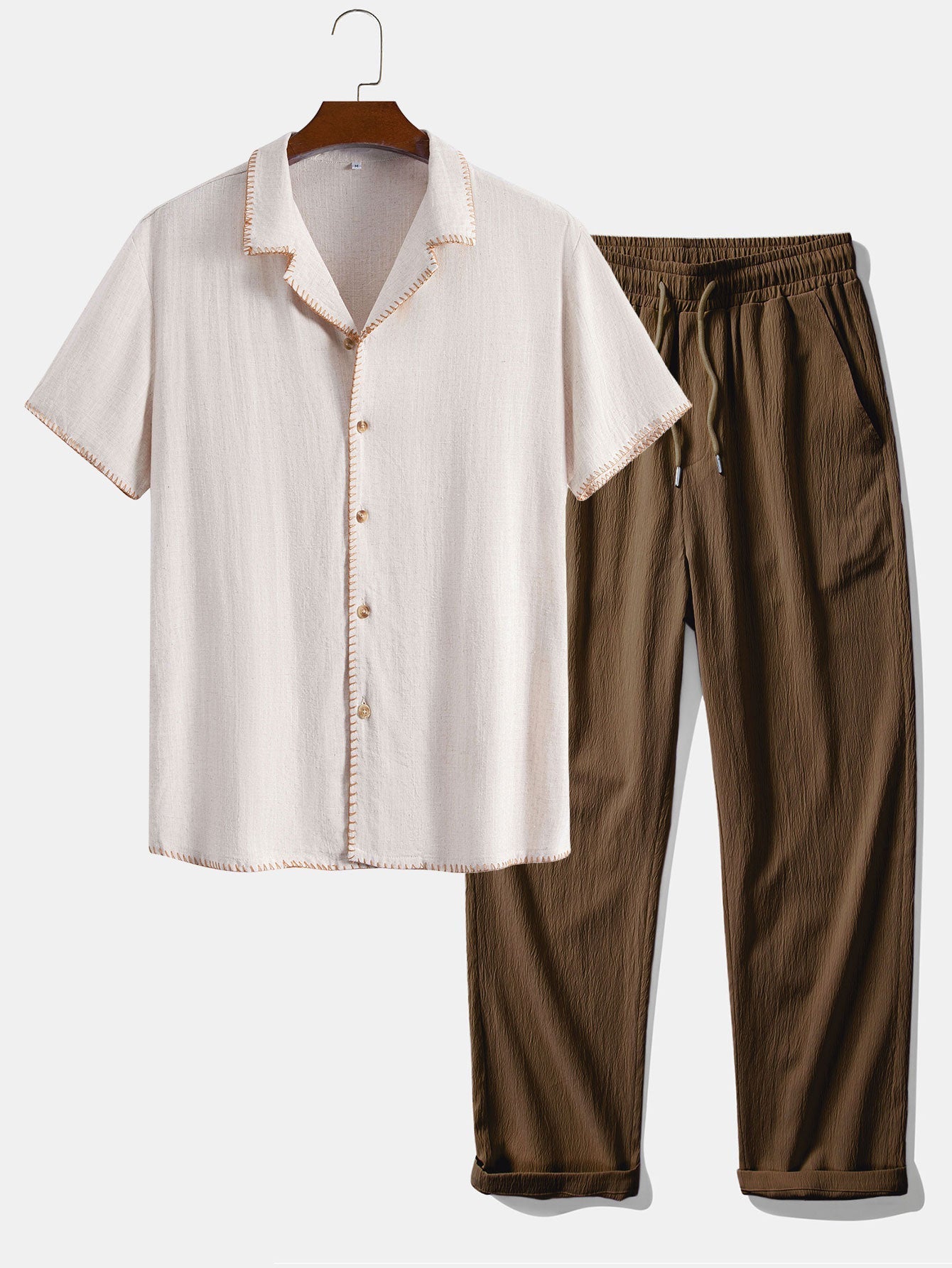 Contrast Stitching Linen Rayon Blend Cuban Shirt & Crinkle Textured Straight Leg Pants