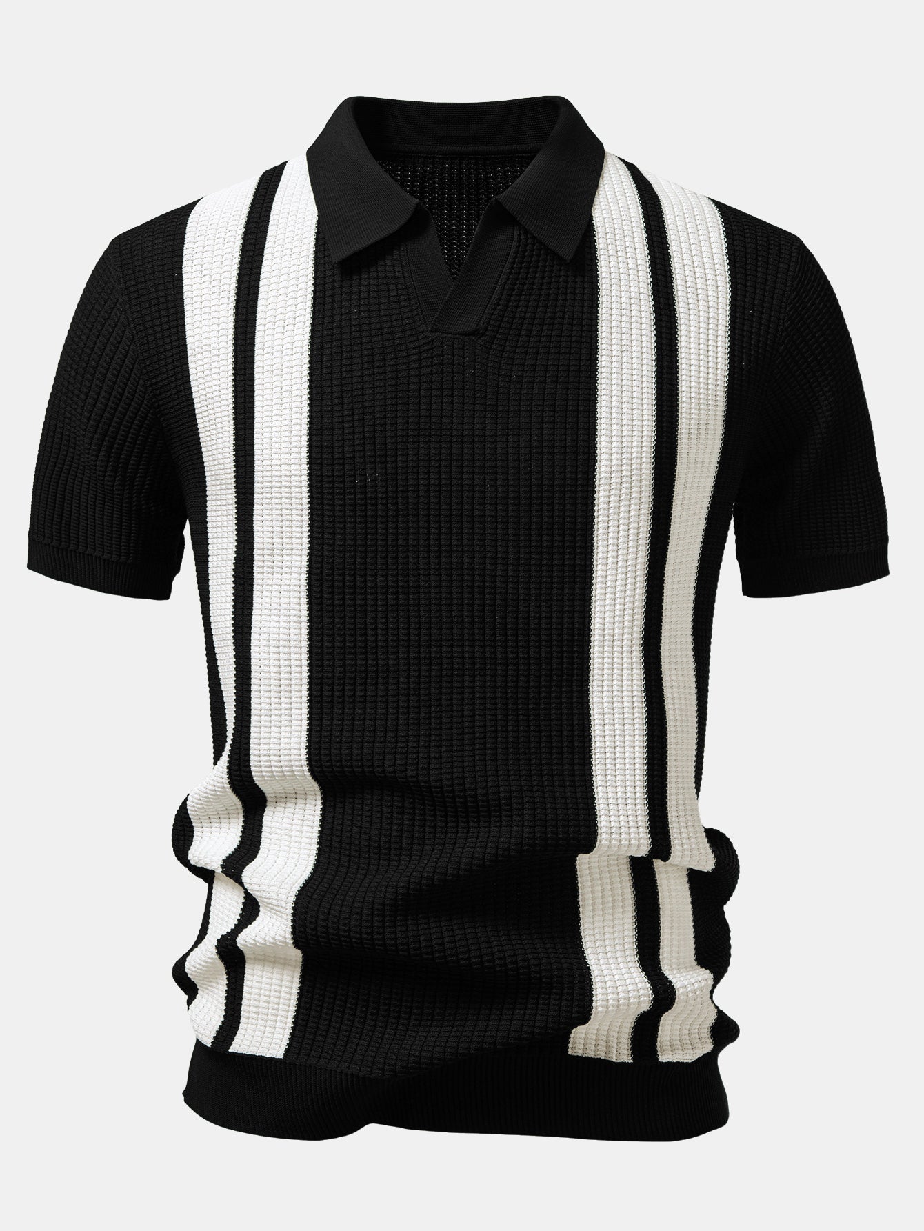 Stripe Johnny Collar Knit Polo & Straight Leg Ribbed Pants