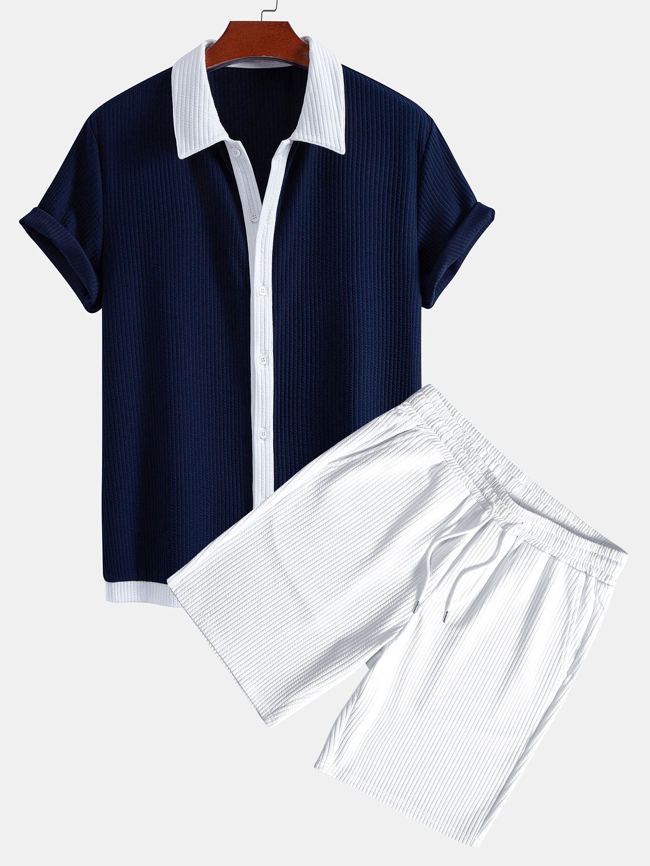 Contrast Ribbed Button Up Shirt & Drawstring Ribbed Shorts