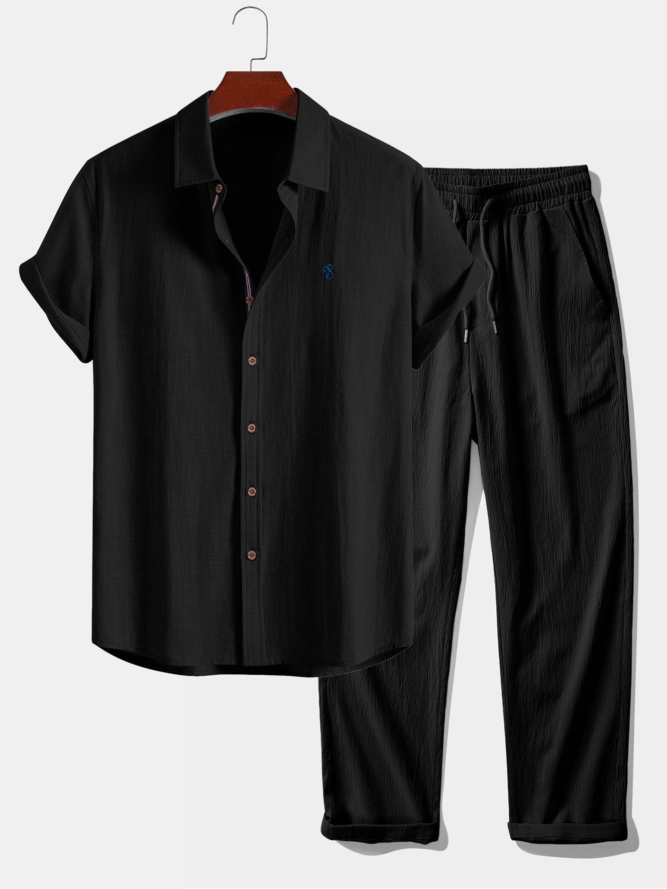 Short Sleeve Linen Look Button Up Shirt & Crinkle Textured Straight Leg Pants