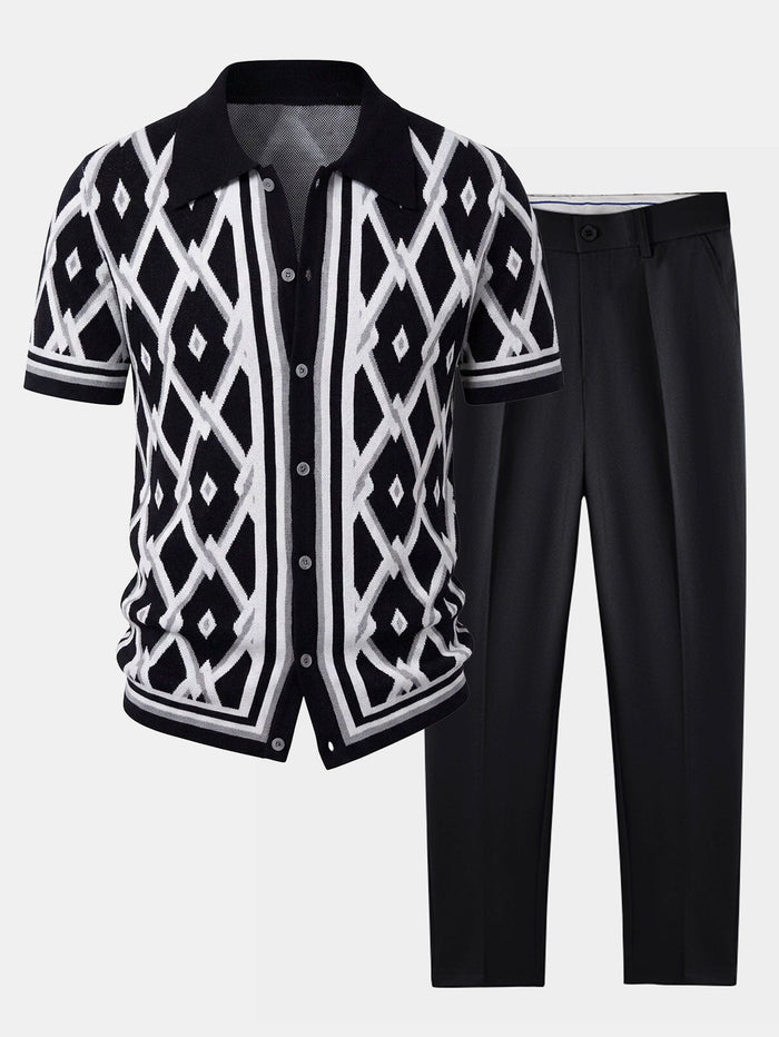 Retro Rhombus Geometric Knit Shirt & Slim Fit Tapered Trousers