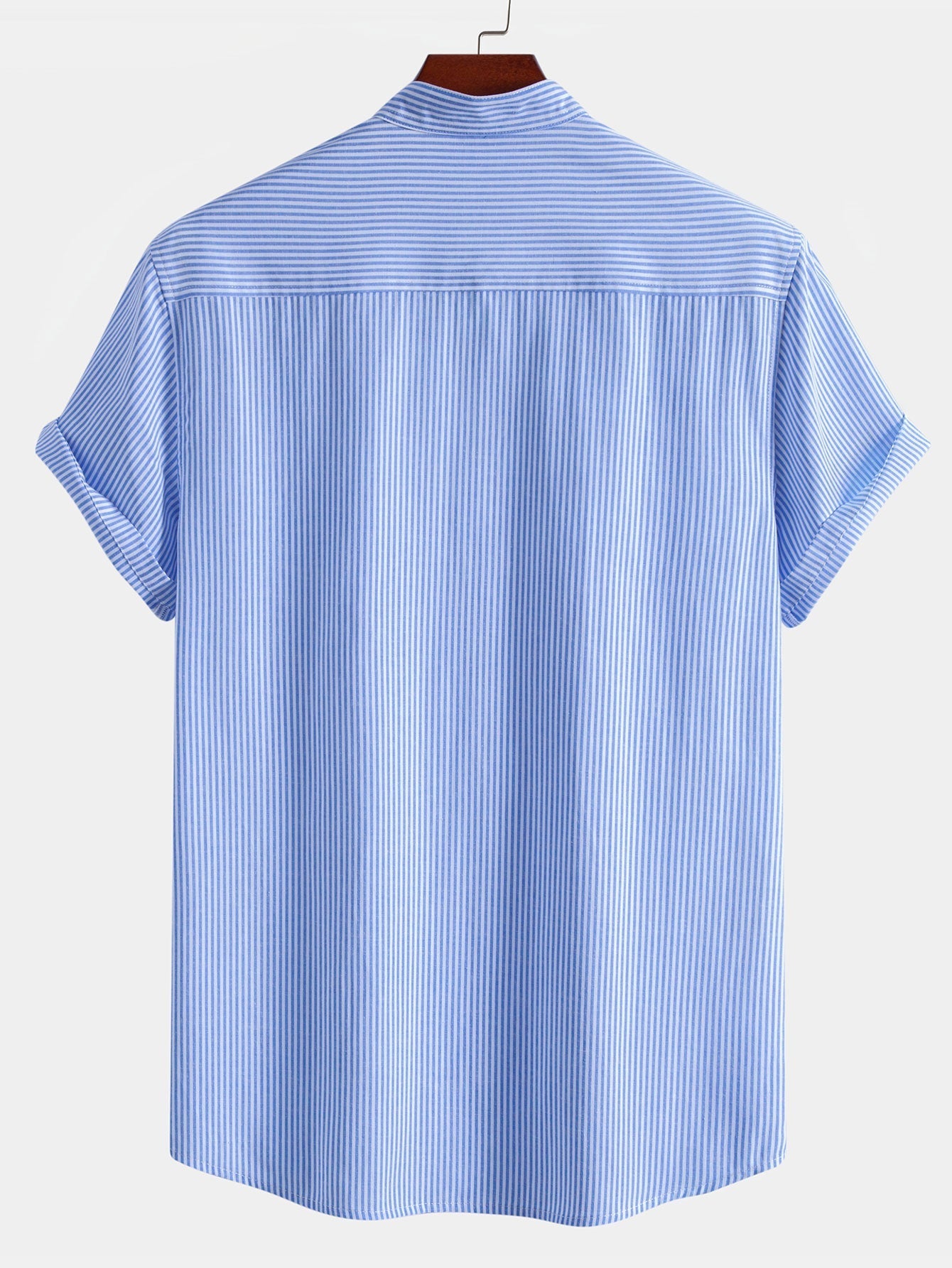 Short Sleeve Cotton Stripe Stand Collar Shirt & Straight Leg Linen Pants