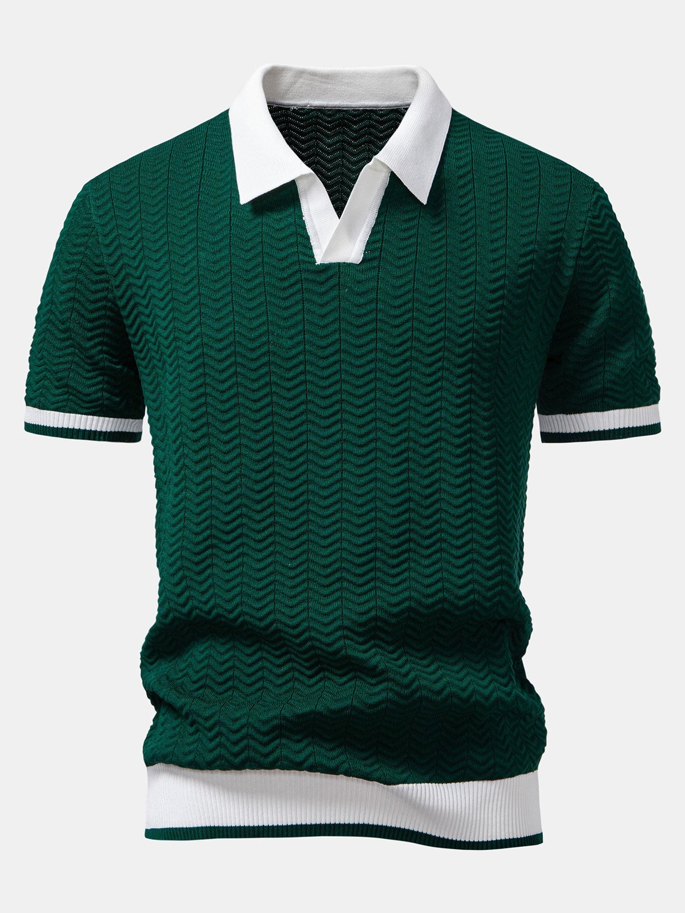 Texture Contrast Knitted V Neck Polo Shirt & Elastic Waist Chino Shorts
