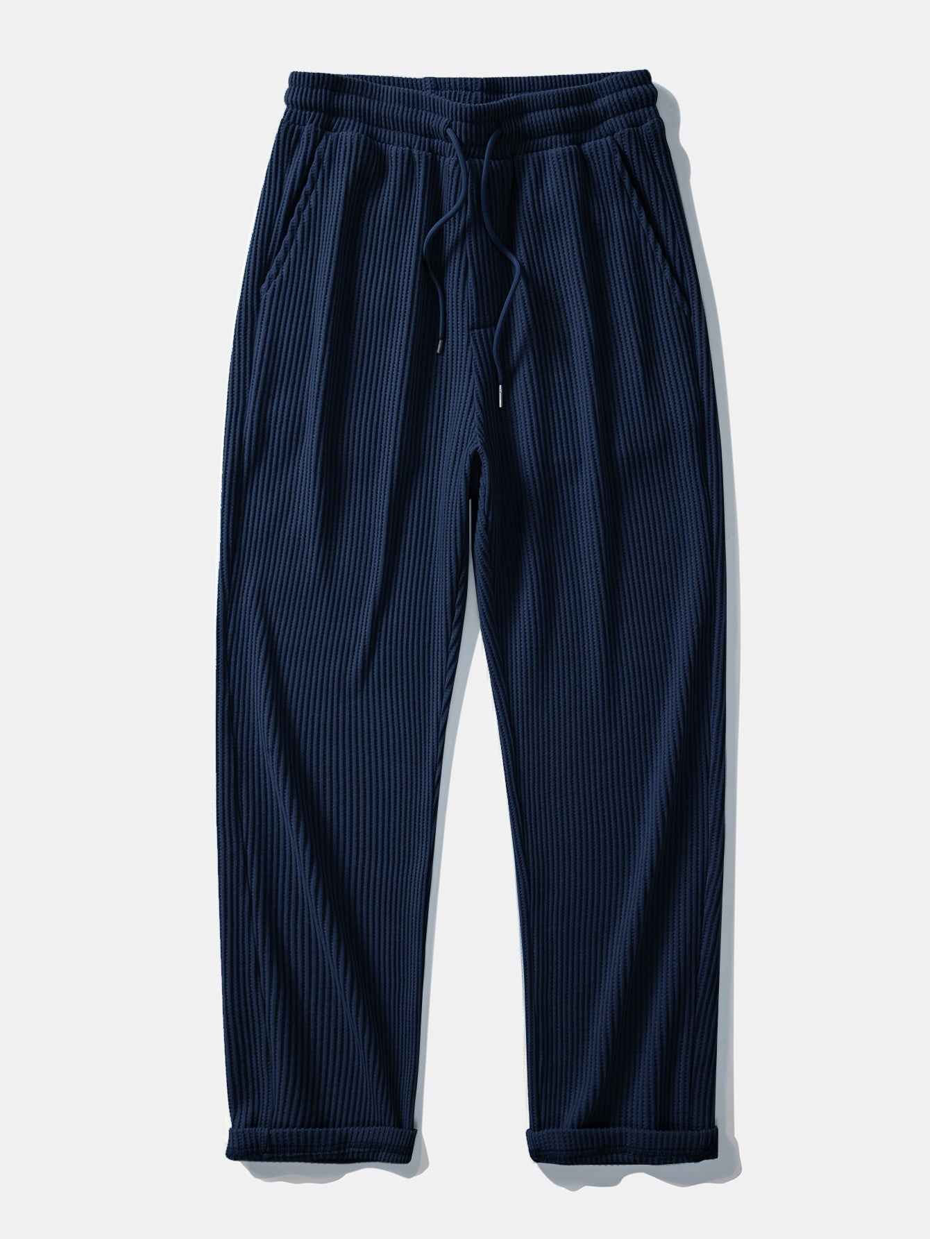 Contrast Textured Johnny Collar Knit Polo & Drawstring Knitted Waffle Pants