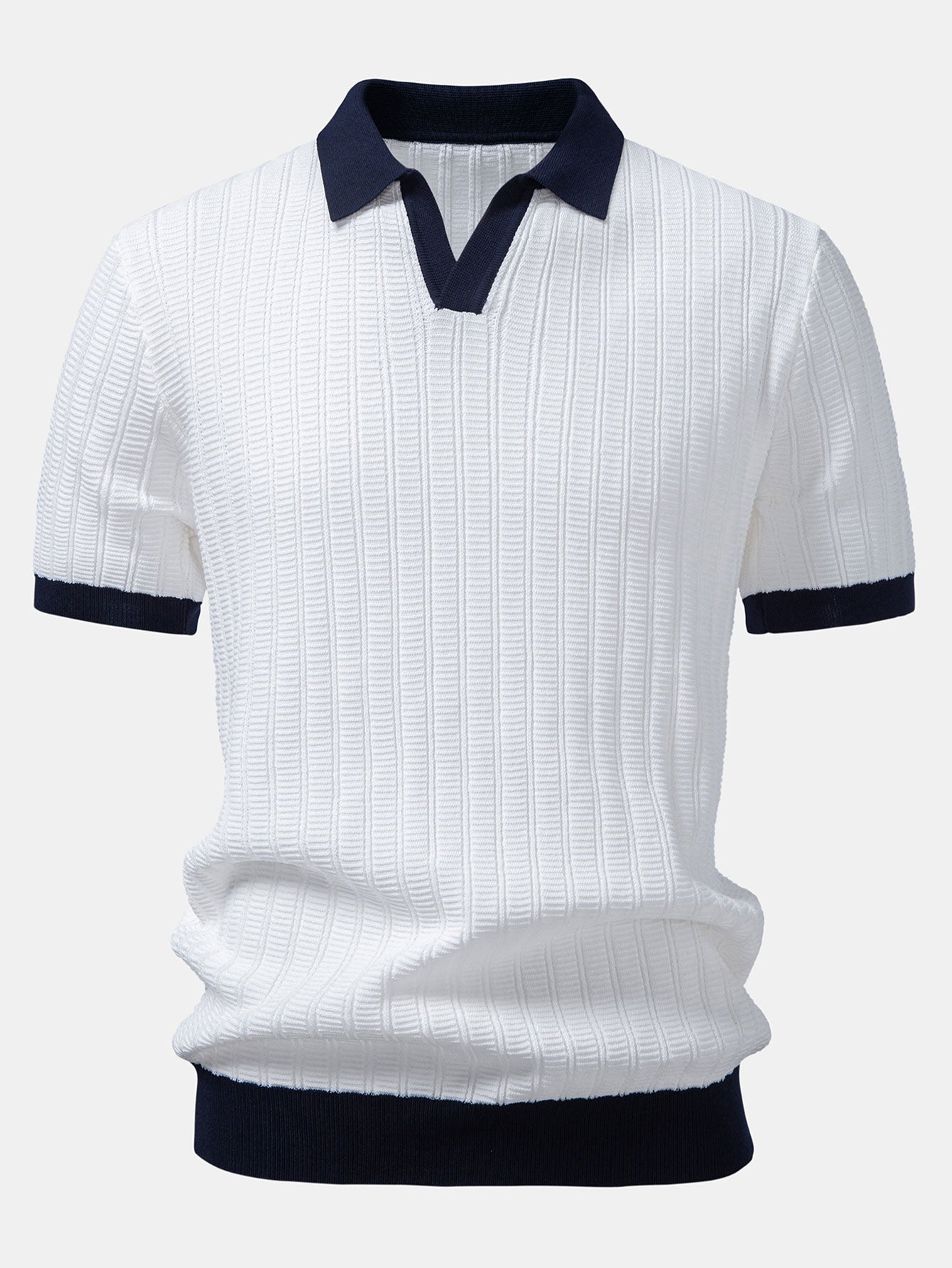 Contrast Textured Johnny Collar Knit Polo & Elastic Waist Straight Leg Trousers