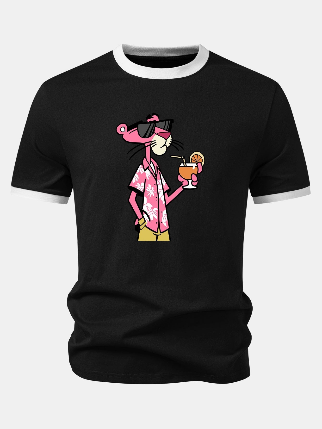 Vacation Pink Panther Print Contrast Ringer T-Shirt & Zip Pocket Swim Shorts