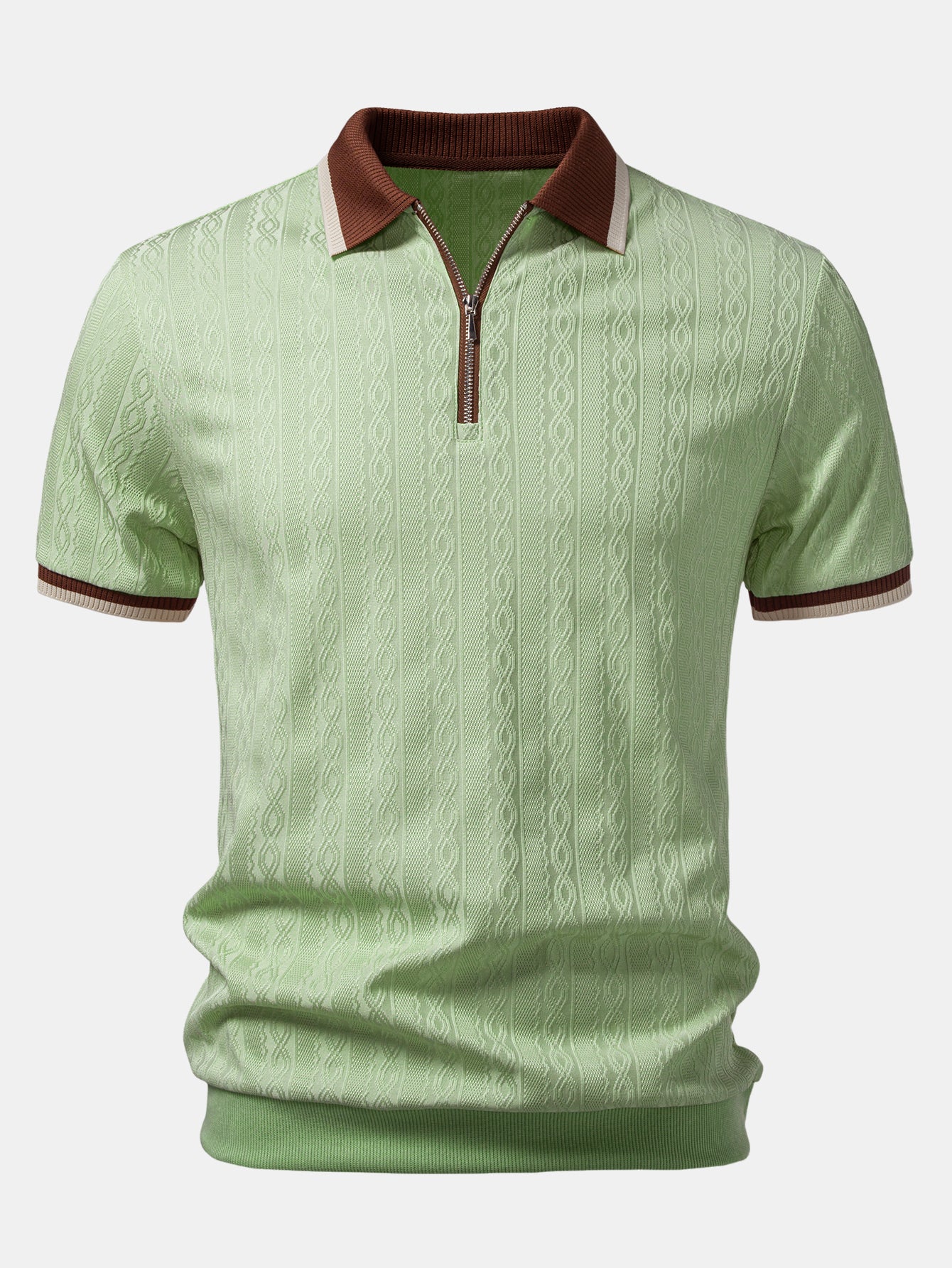 Contrast Trim Textured Zipper Knit Polo & Elastic Waist Chino Shorts