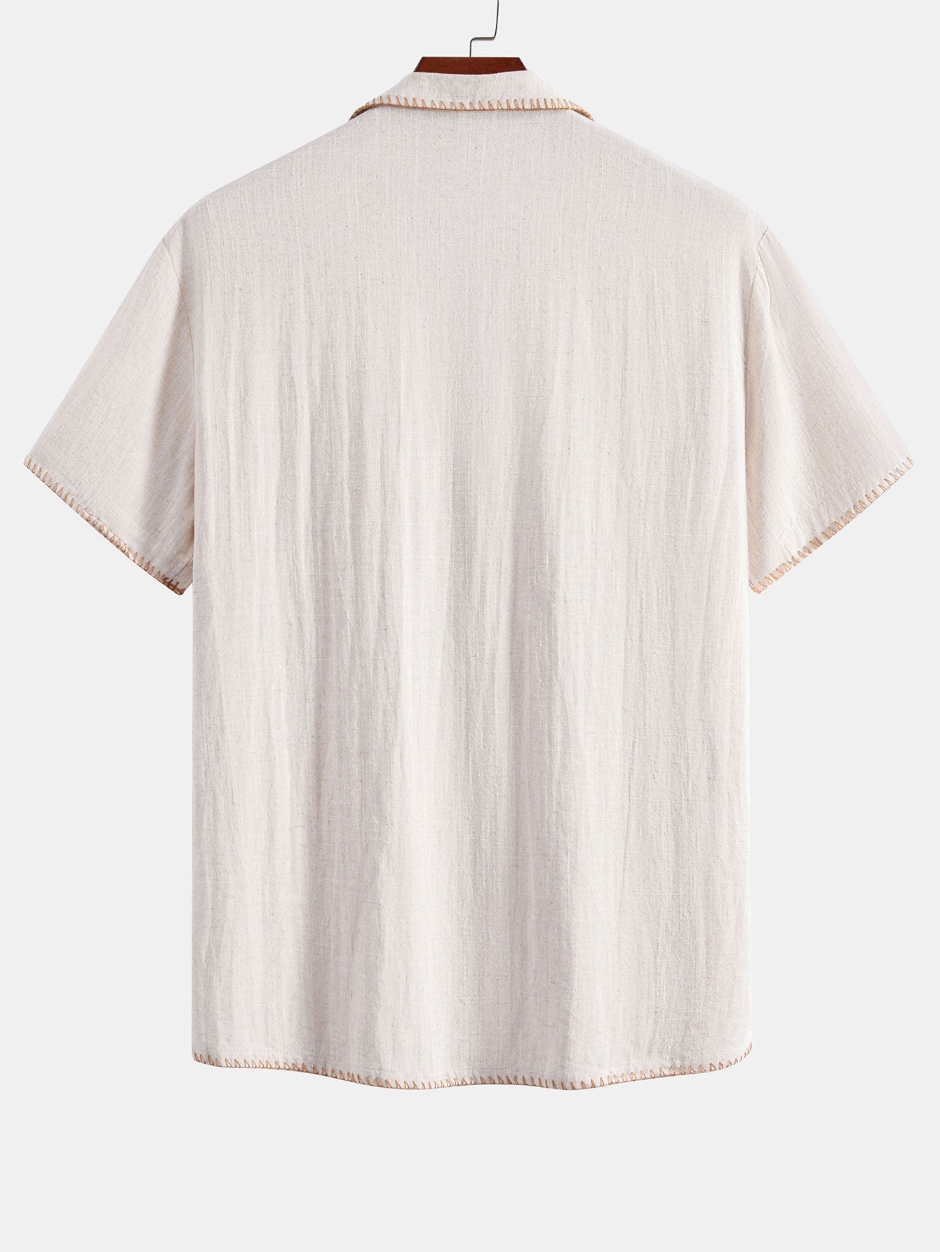 Contrast Stitching Linen Rayon Blend Cuban Shirt & Straight Leg Linen Pants