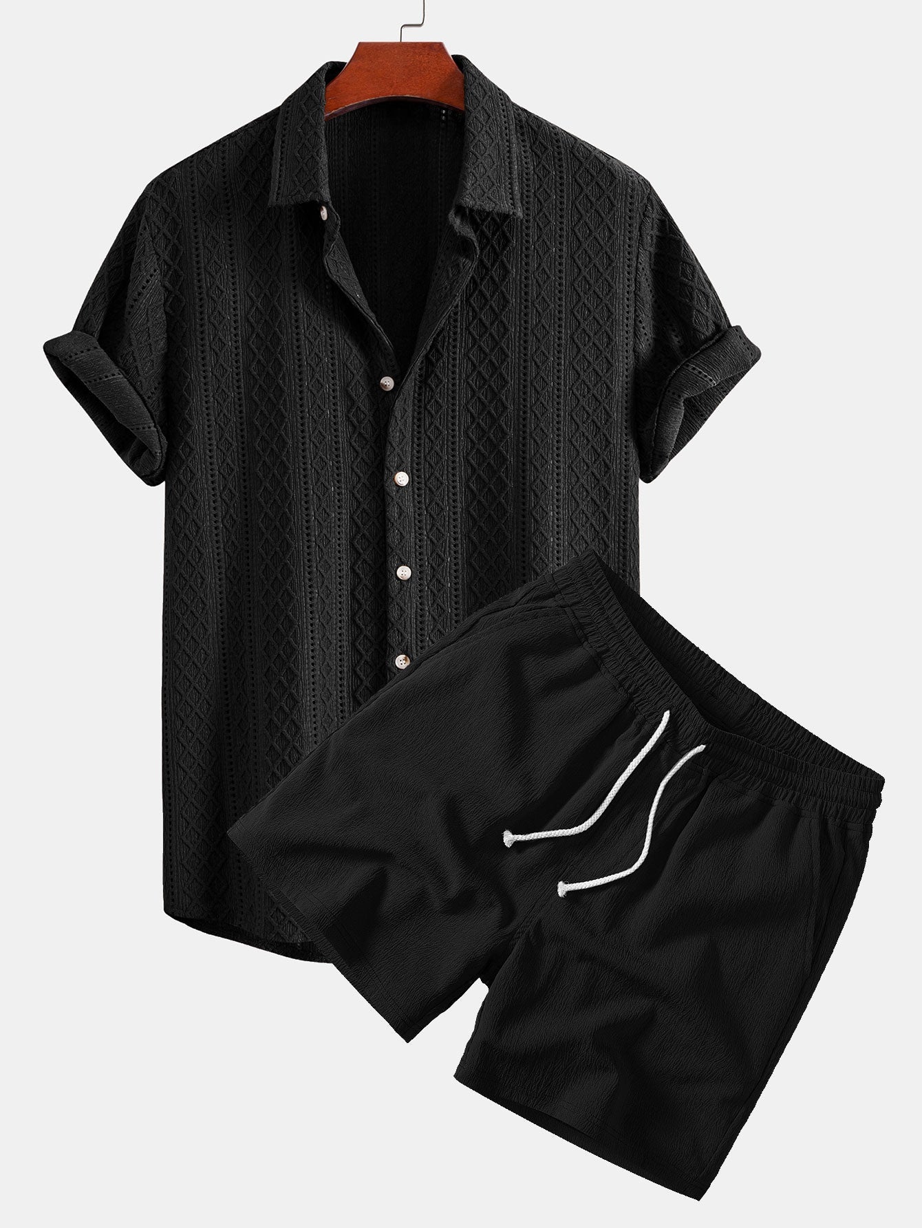 Geometry Rhombus Jacquard Button Up Shirt & Crinkle Textured Drawstring 5" Shorts