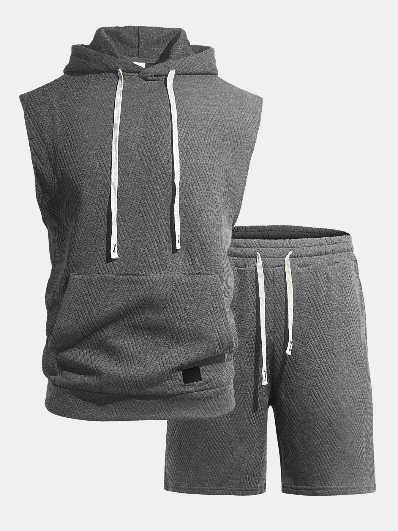 Stripe Textured Sleeveless Hooded T-Shirt & Drawstring Shorts Set