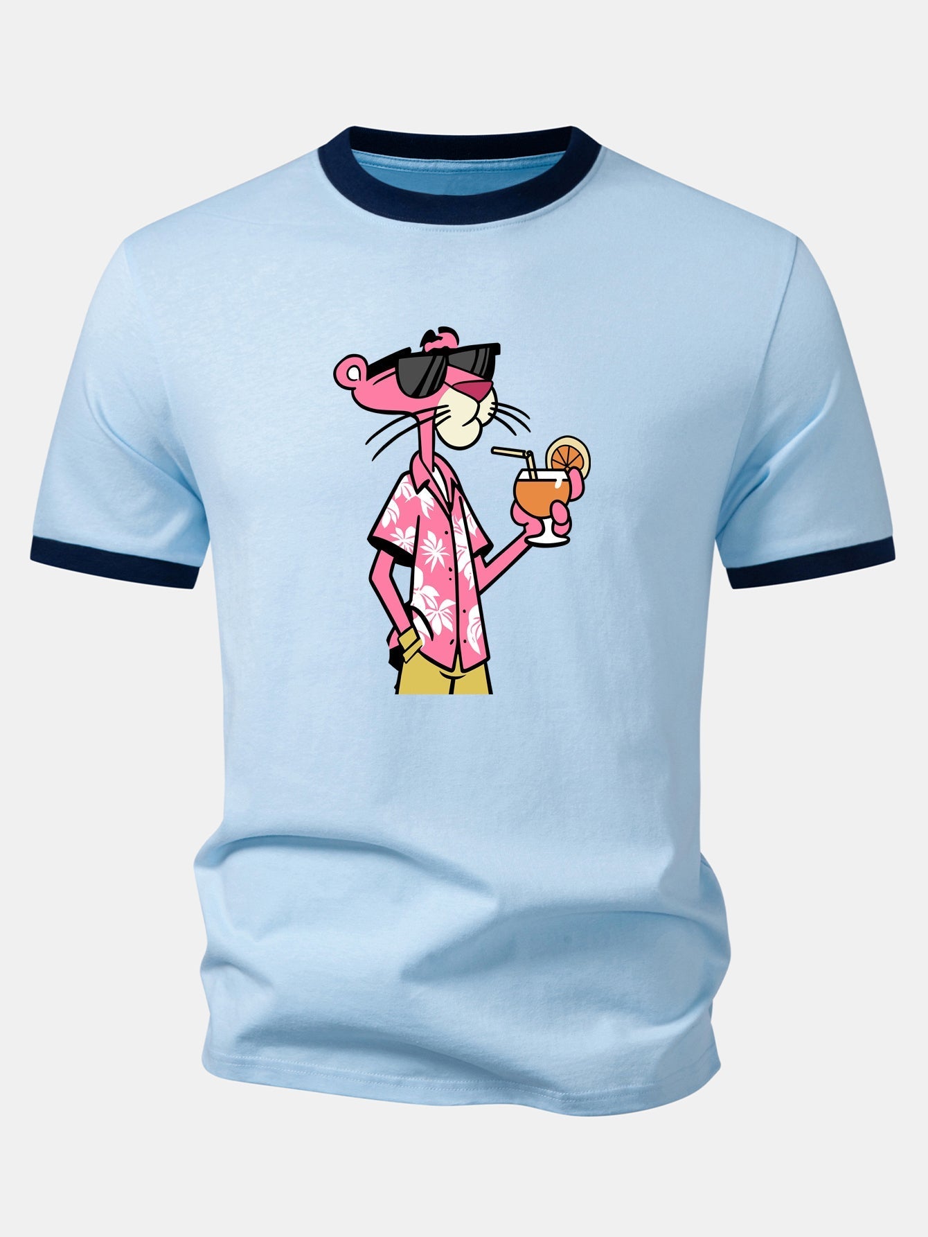 Vacation Pink Panther Print Contrast Ringer T-Shirt & 5" Drawstring  Corduroy Shorts