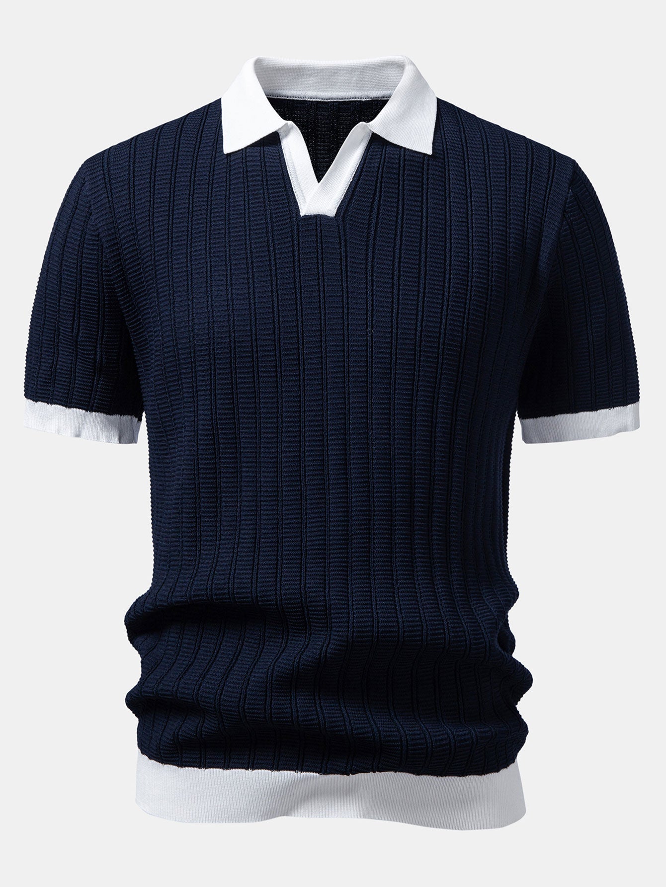 Contrast Textured Johnny Collar Knit Polo & Crinkle Textured Straight Leg Pants