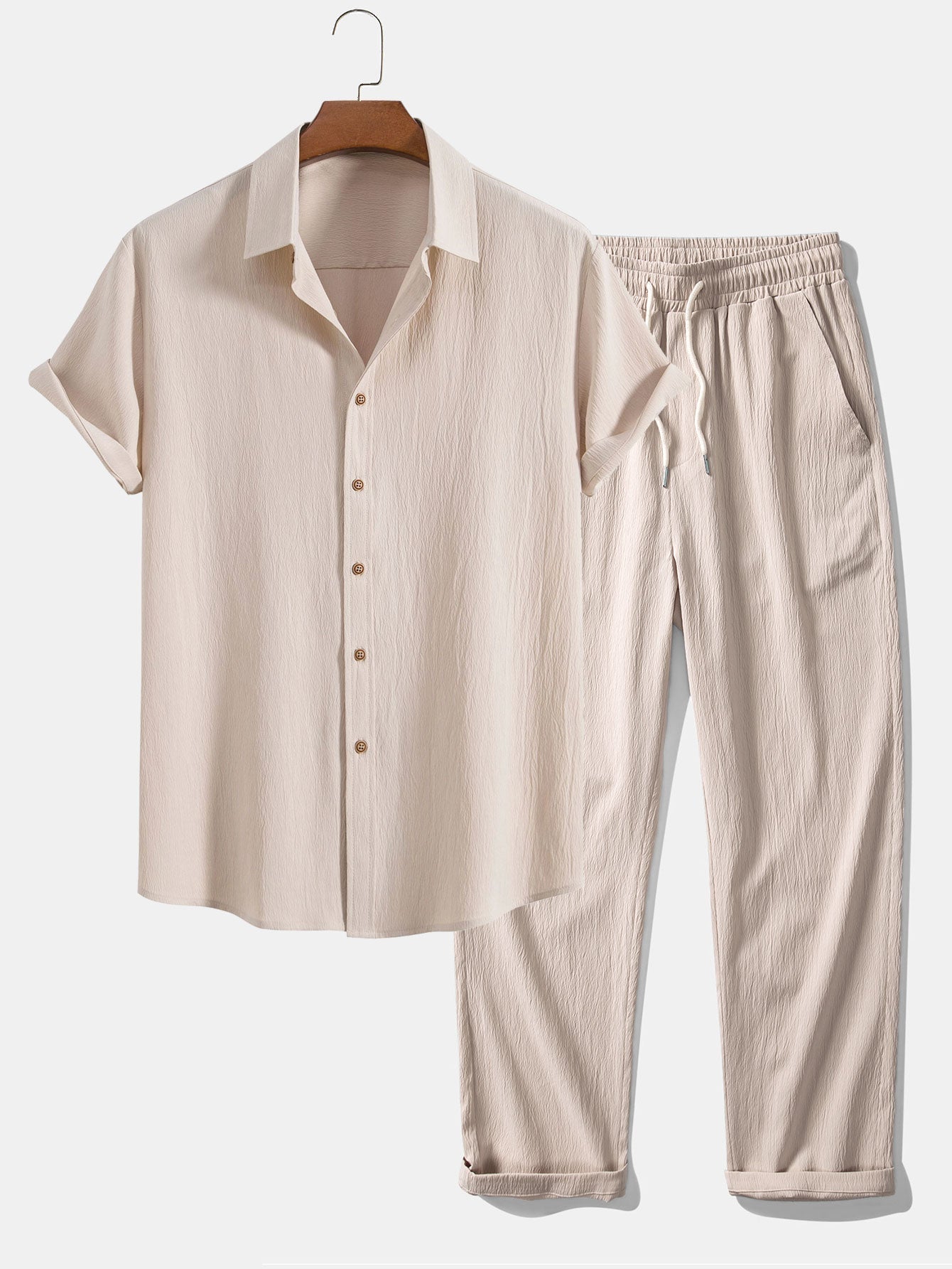 Crinkled Textured Button Up Shirt & Straight Leg Pants